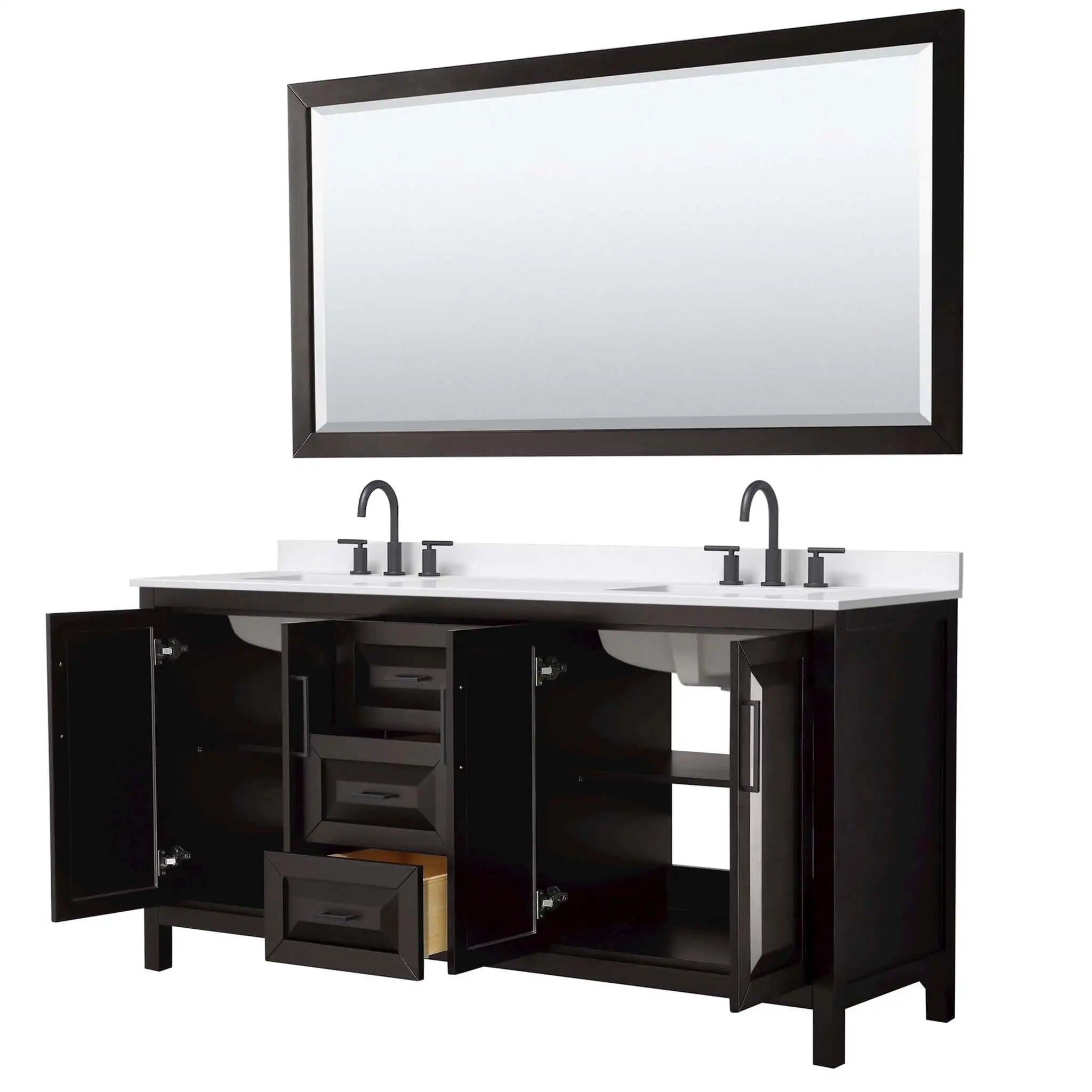 72" Daria Double Bathroom Vanity in Dark Espresso with Matte Black Trim & 70" Mirror by Wyndham