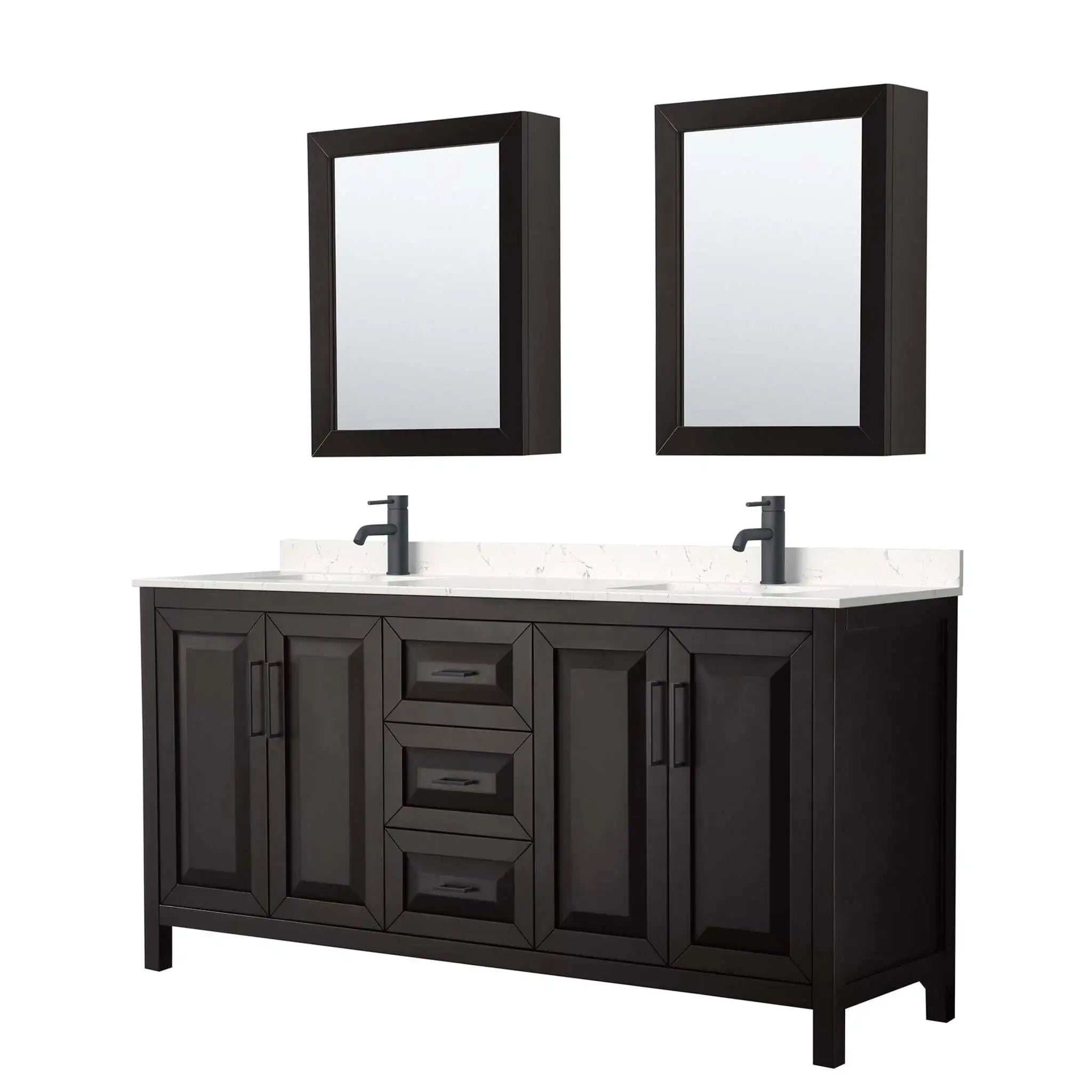 72" Daria Double Bathroom Vanity in Dark Espresso with Matte Black Trim & Medicine Cabinet by Wyndham