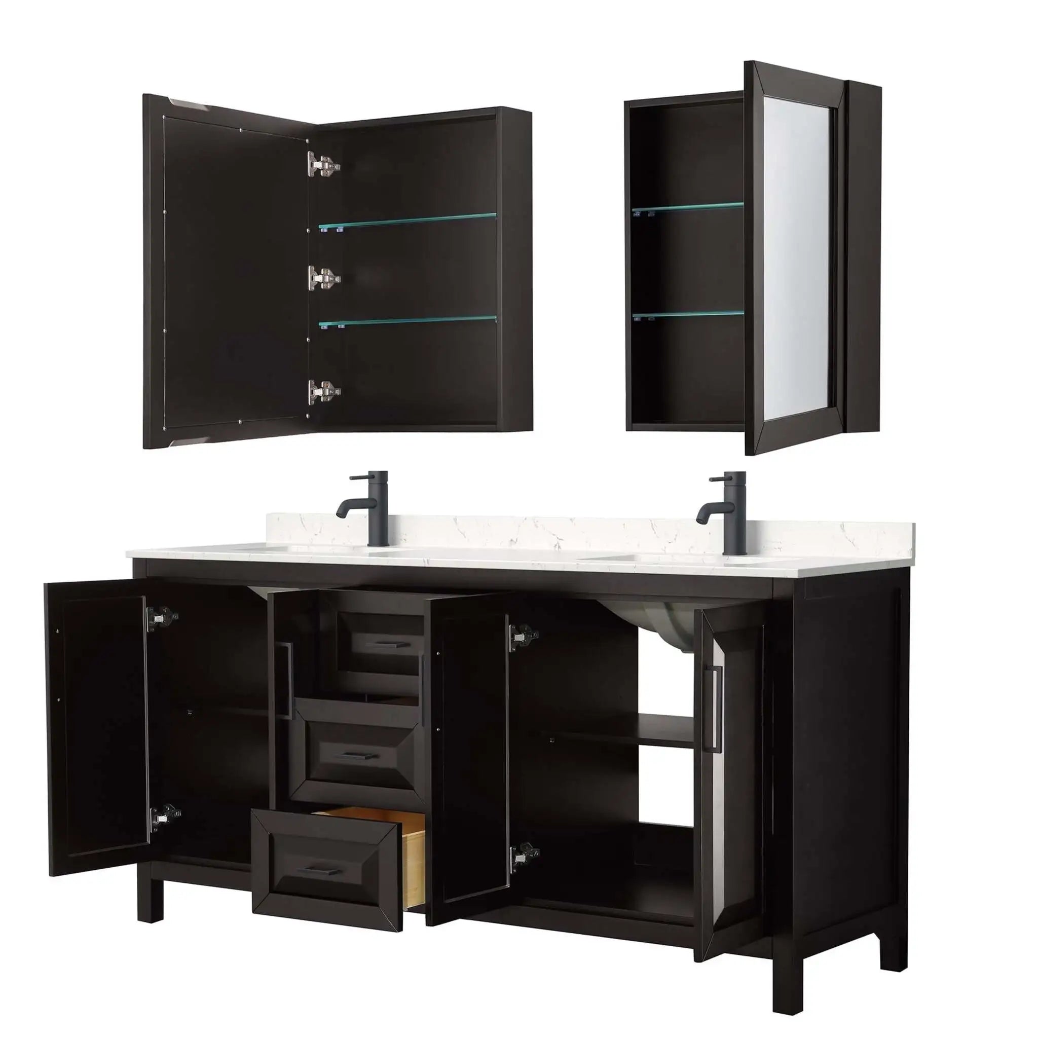 72" Daria Double Bathroom Vanity in Dark Espresso with Matte Black Trim & Medicine Cabinet by Wyndham