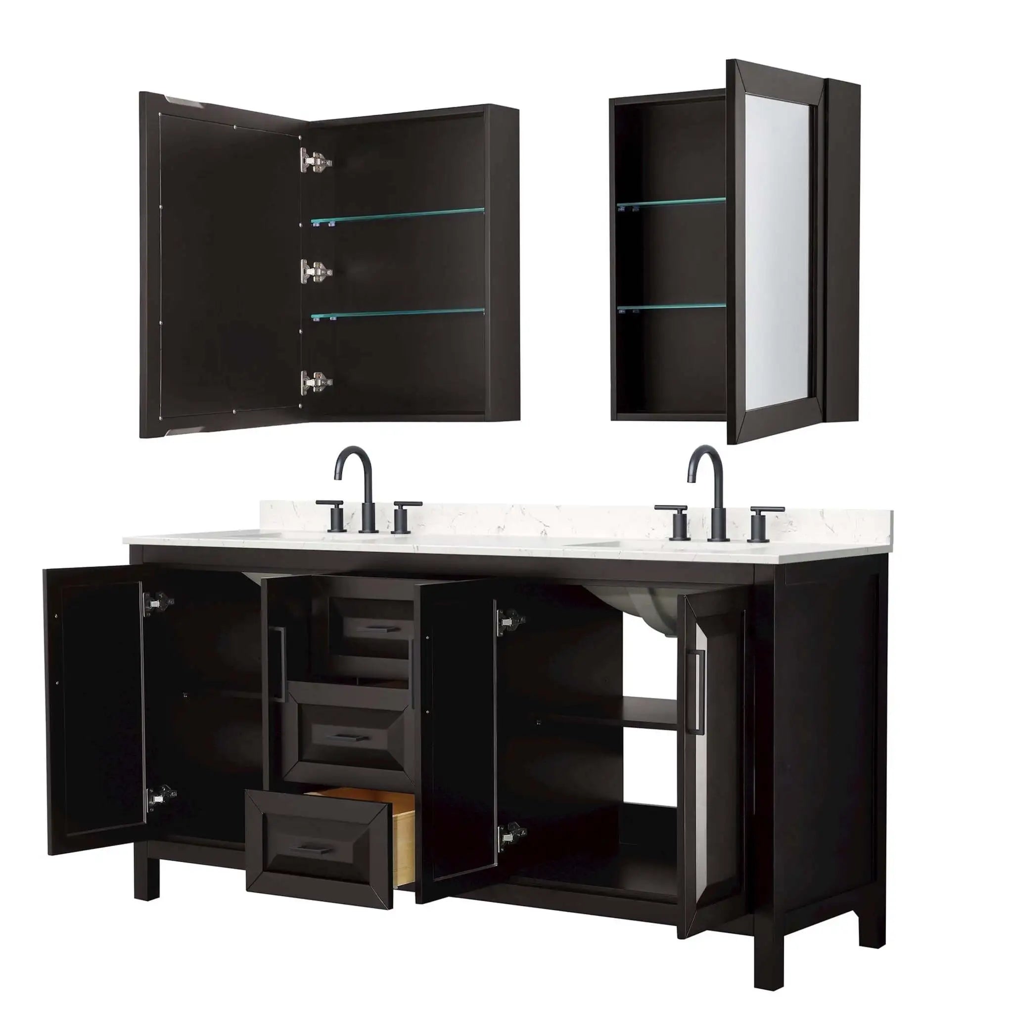 72" Daria Double Bathroom Vanity in Dark Espresso with Matte Black Trim & Medicine Cabinet by Wyndham