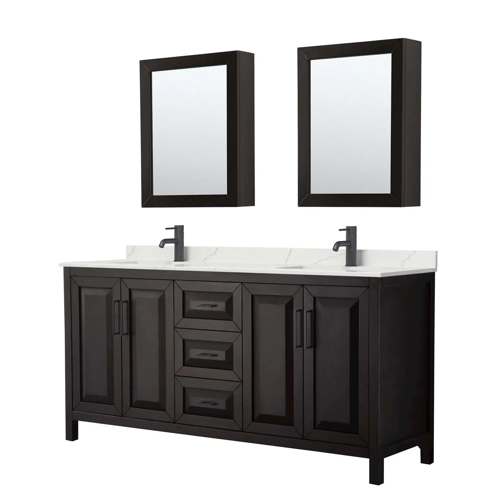 72" Daria Double Bathroom Vanity in Dark Espresso with Matte Black Trim & Medicine Cabinet by Wyndham