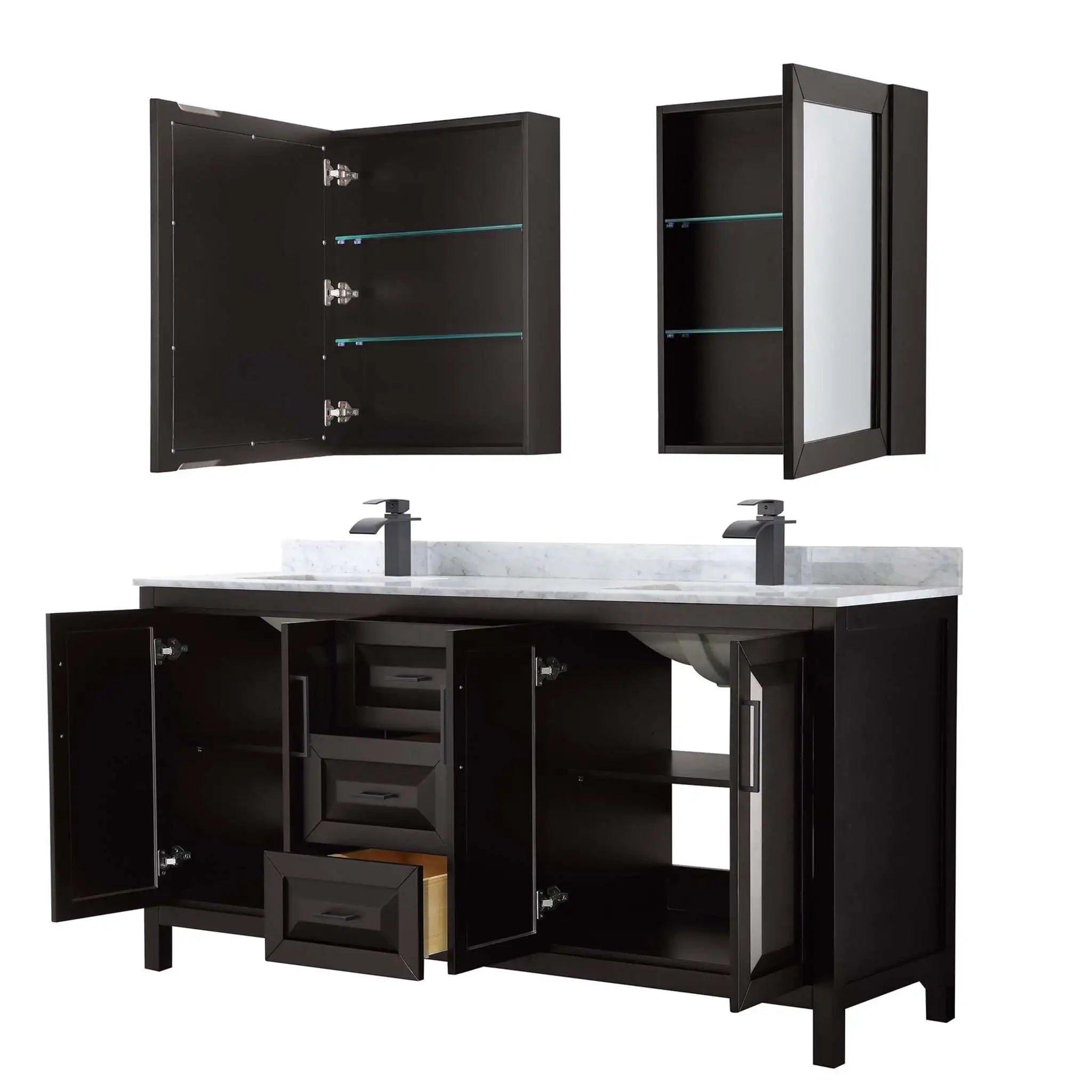 72" Daria Double Bathroom Vanity in Dark Espresso with Matte Black Trim & Medicine Cabinet by Wyndham