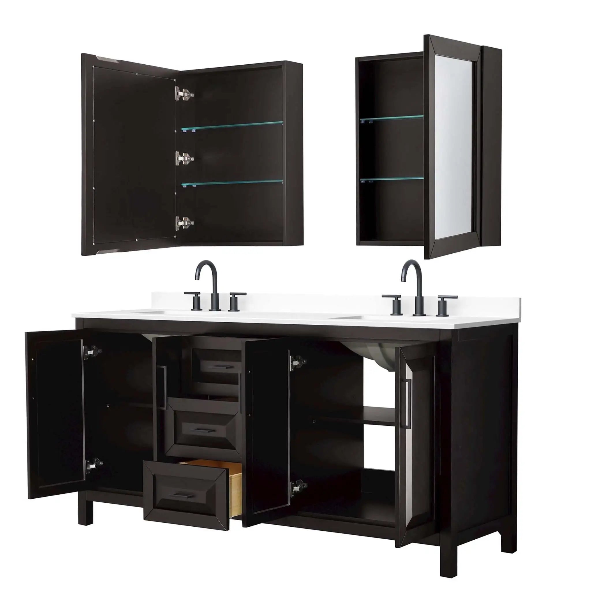 72" Daria Double Bathroom Vanity in Dark Espresso with Matte Black Trim & Medicine Cabinet by Wyndham