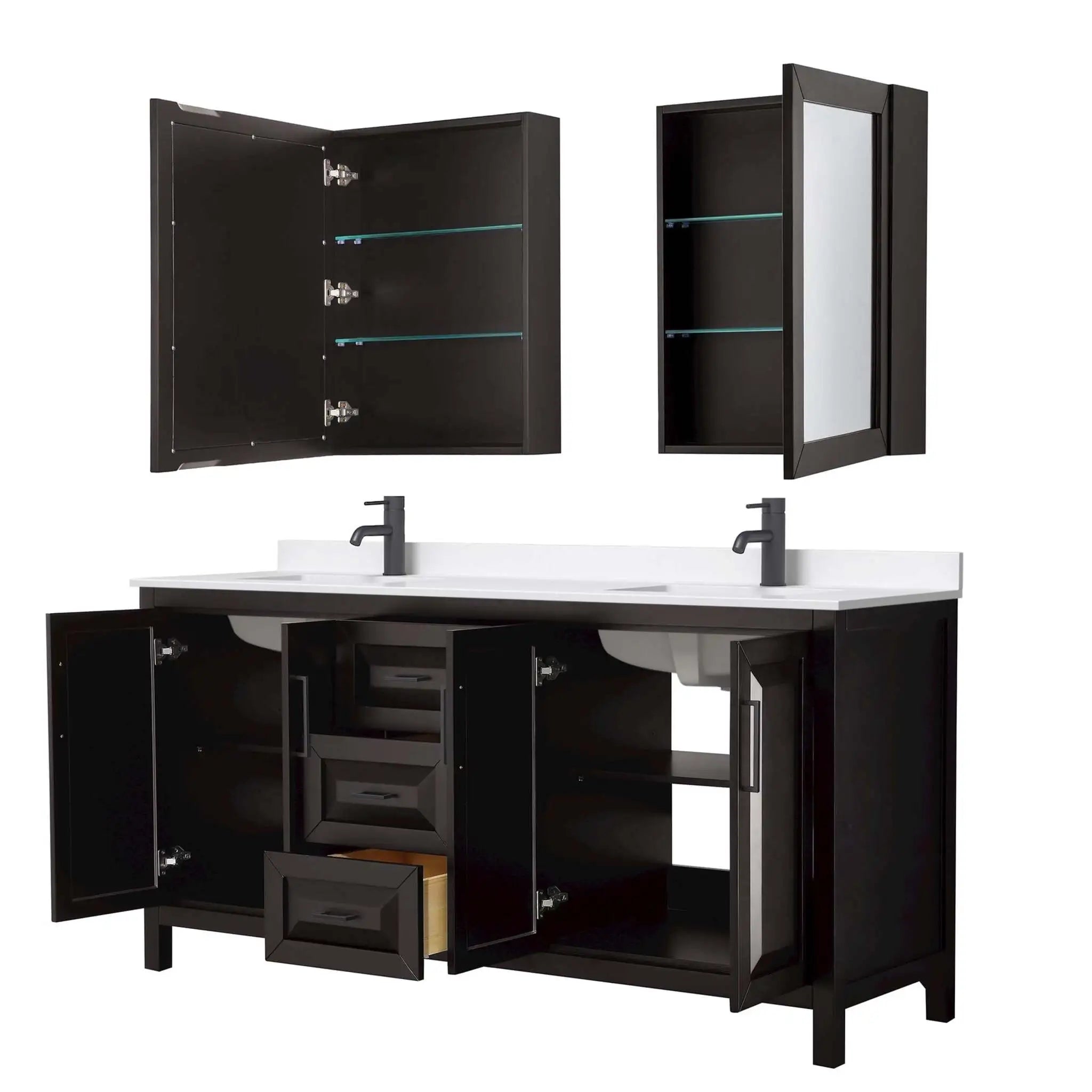 72" Daria Double Bathroom Vanity in Dark Espresso with Matte Black Trim & Medicine Cabinet by Wyndham
