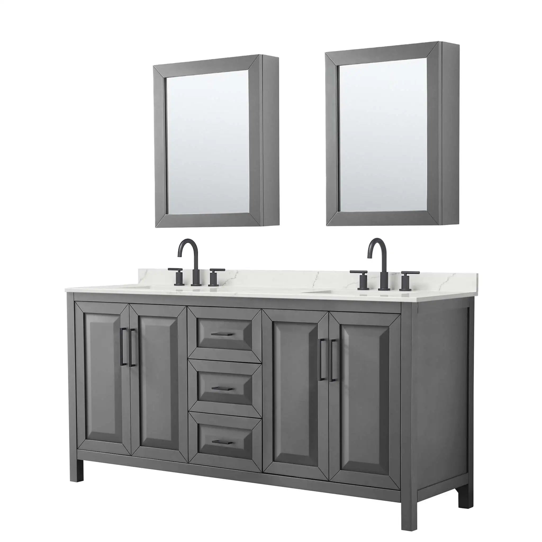 72" Daria Double Bathroom Vanity in Dark Gray with Matte Black Trim & Medicine Cabinet by Wyndham