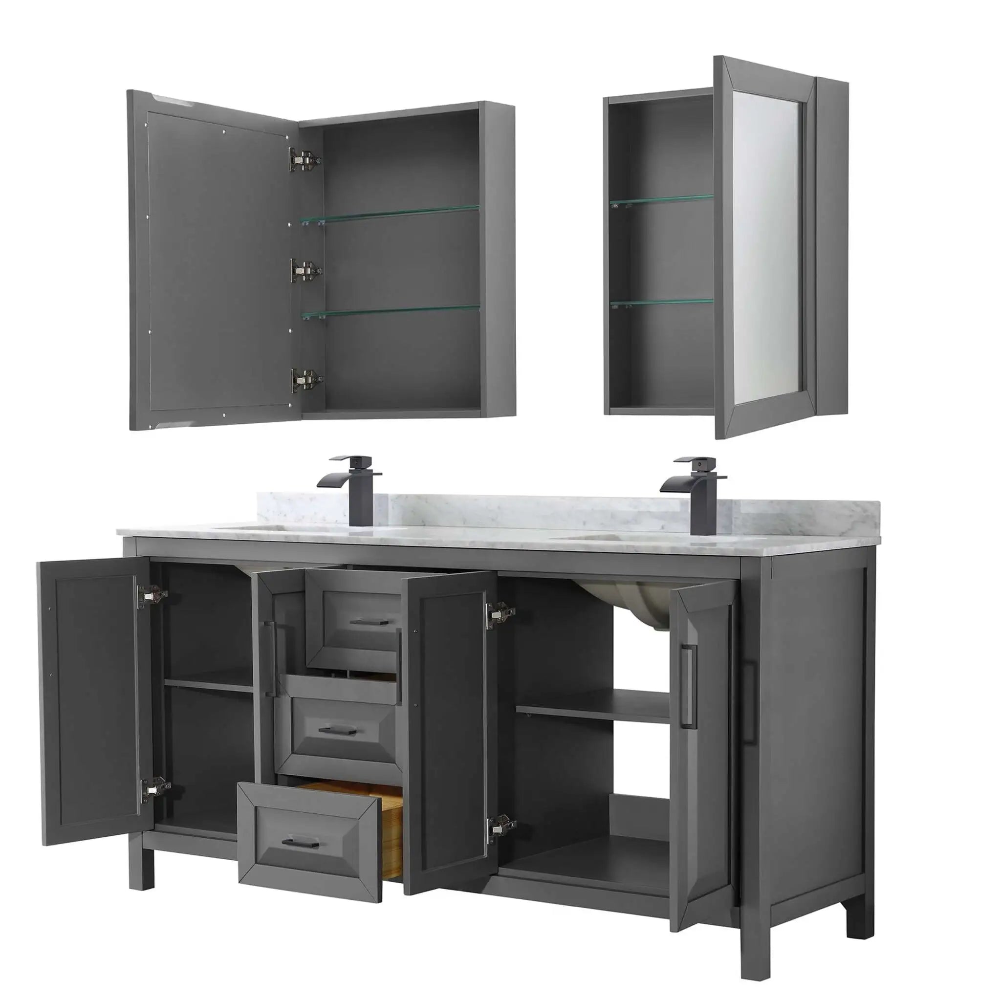 72" Daria Double Bathroom Vanity in Dark Gray with Matte Black Trim & Medicine Cabinet by Wyndham