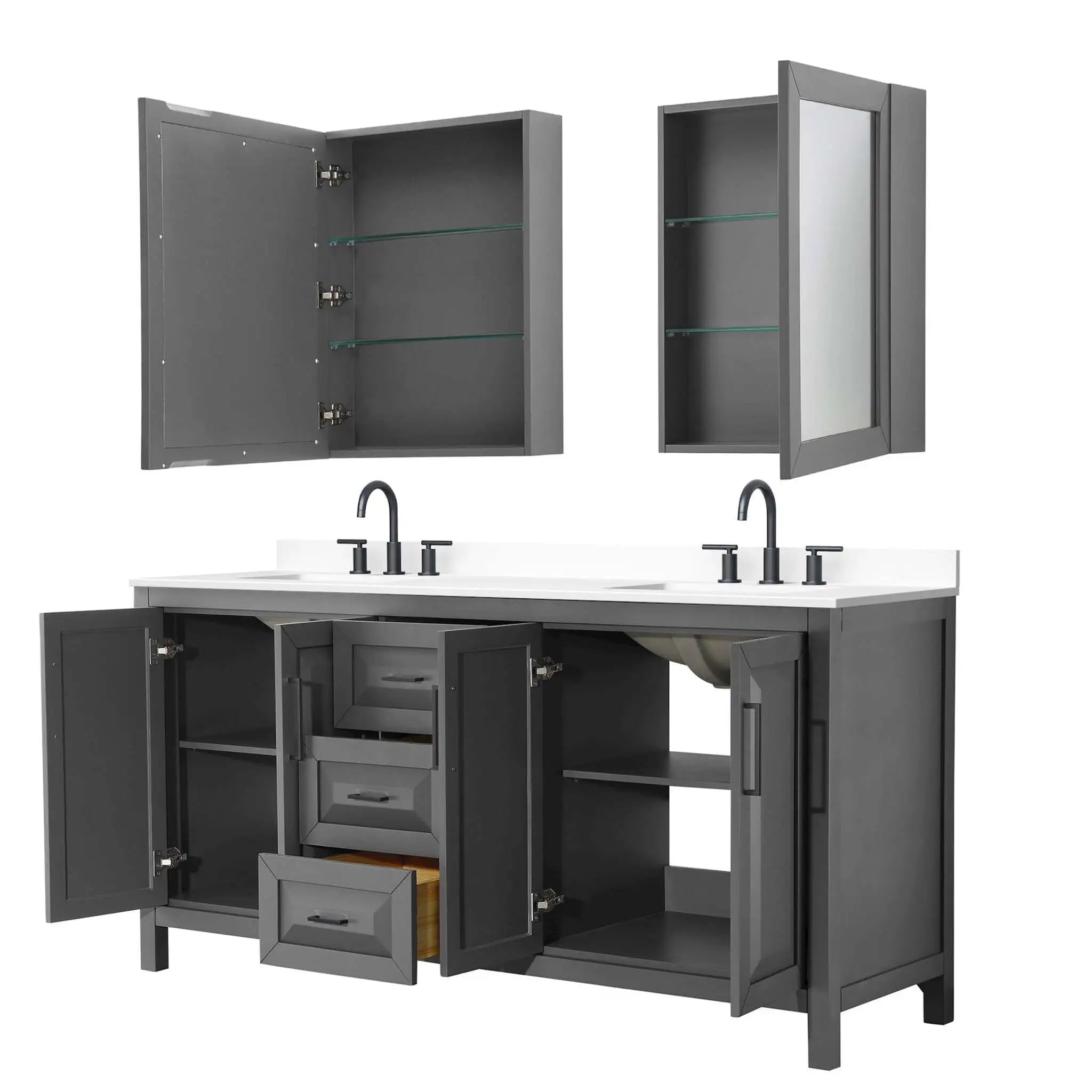 72" Daria Double Bathroom Vanity in Dark Gray with Matte Black Trim & Medicine Cabinet by Wyndham