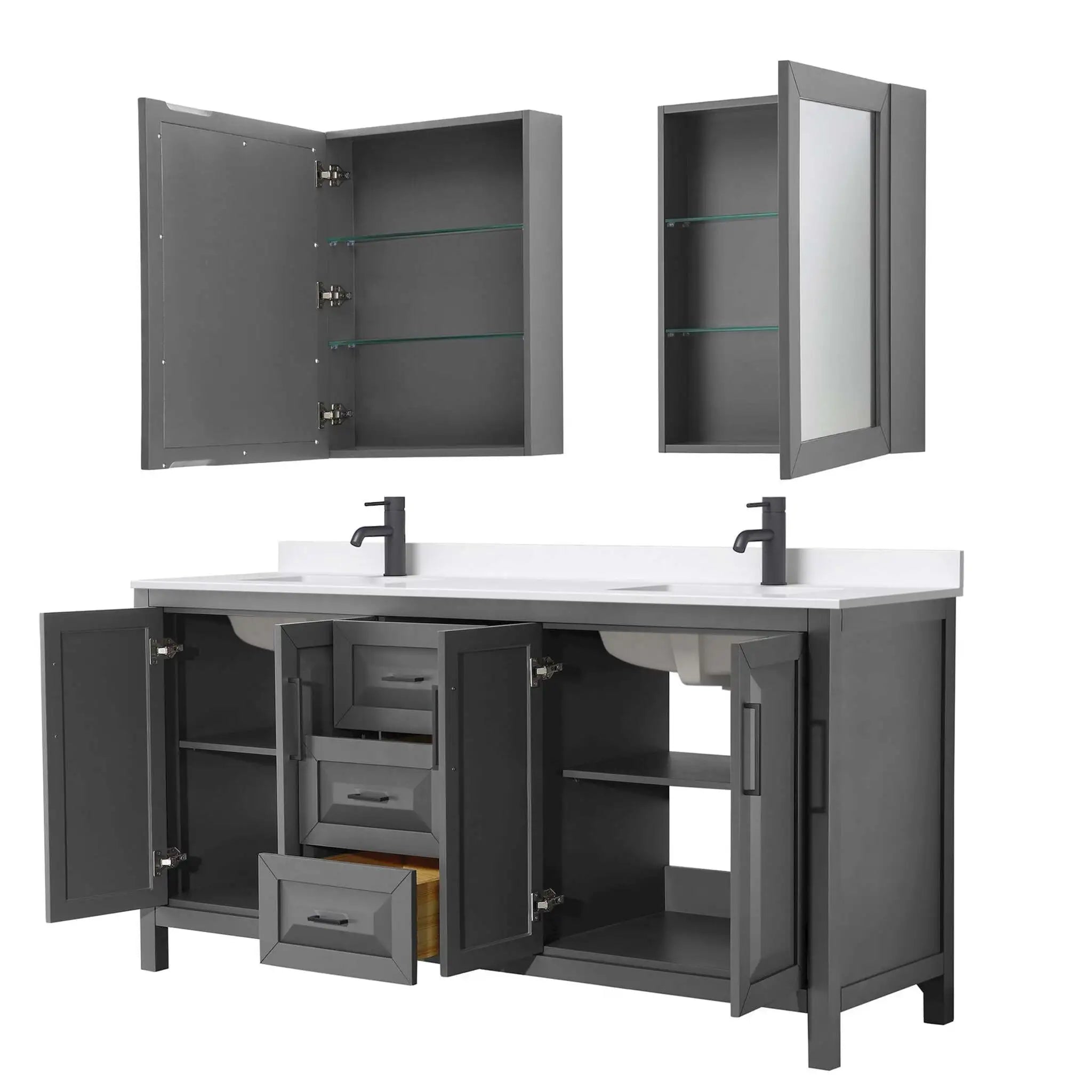 72" Daria Double Bathroom Vanity in Dark Gray with Matte Black Trim & Medicine Cabinet by Wyndham