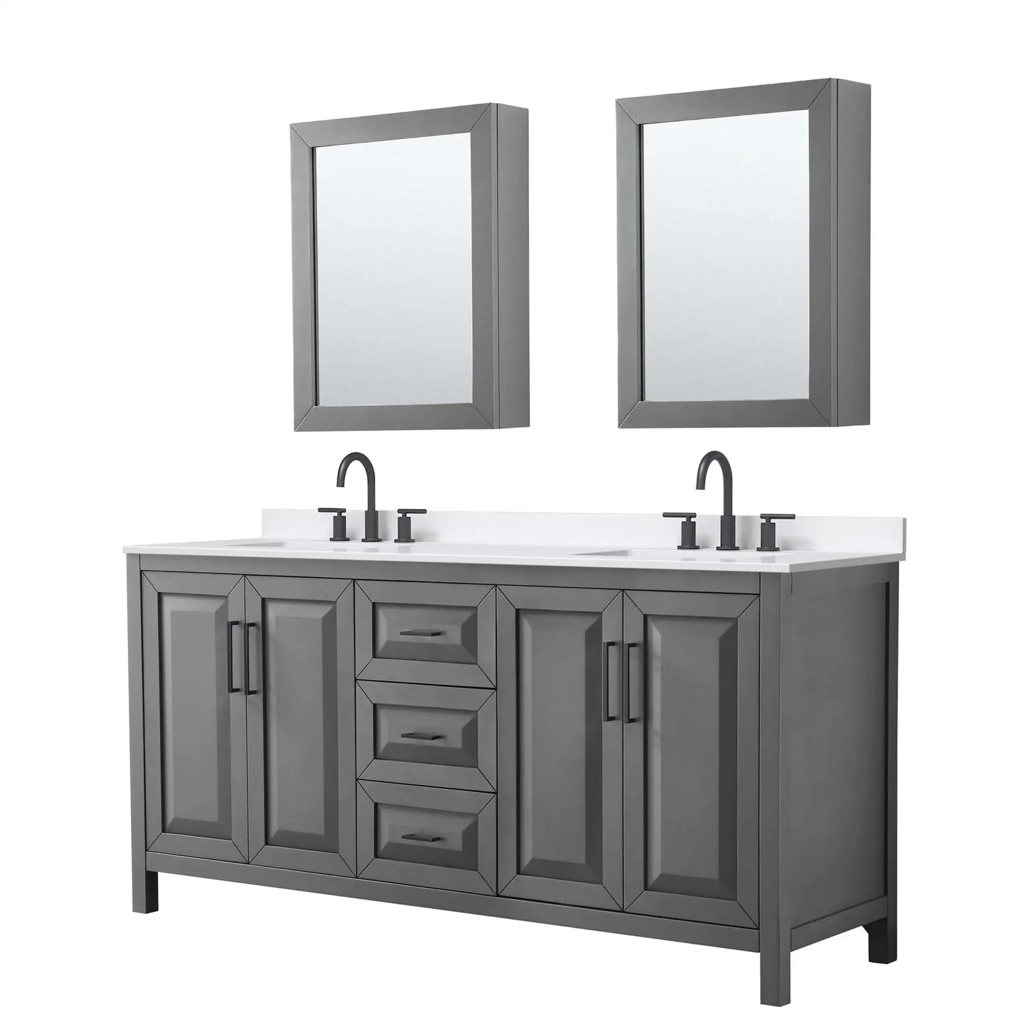 72" Daria Double Bathroom Vanity in Dark Gray with Matte Black Trim & Medicine Cabinet by Wyndham