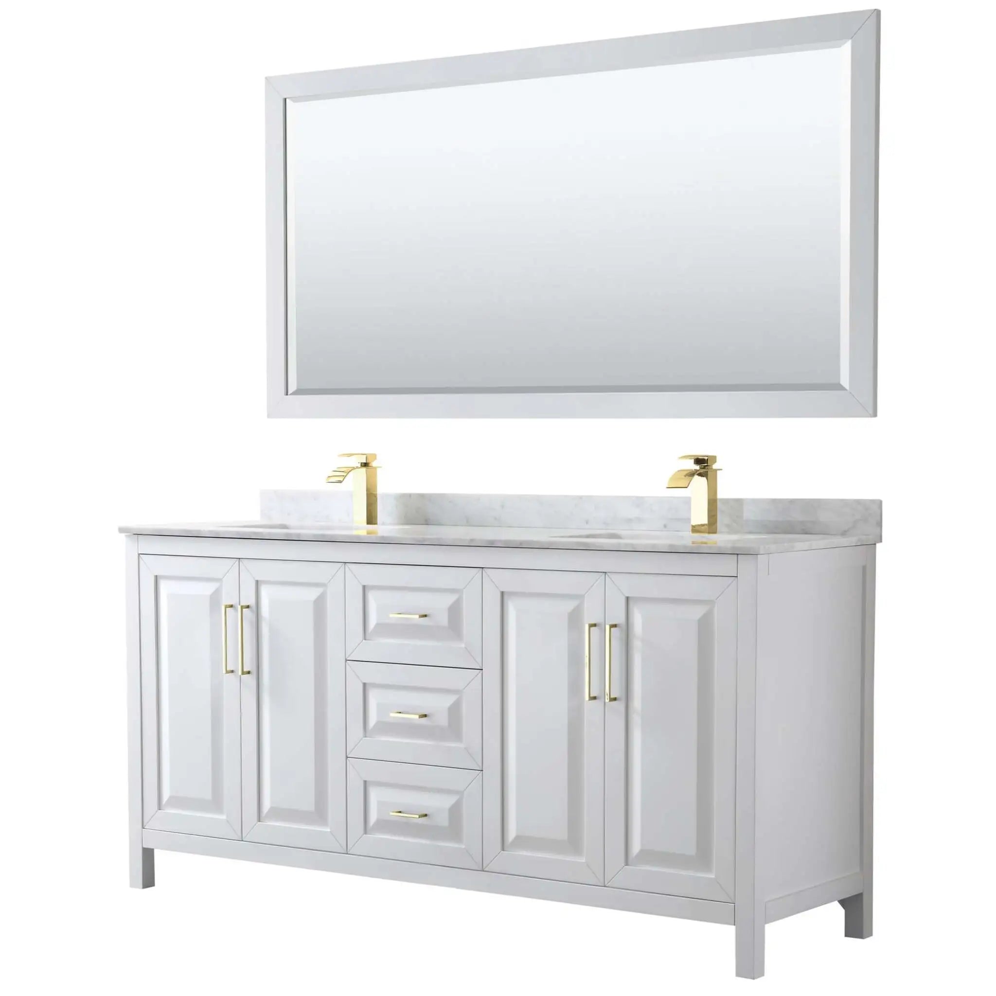 72" Daria Double Bathroom Vanity in White with Brushed Gold Trim & 70" Mirror by Wyndham