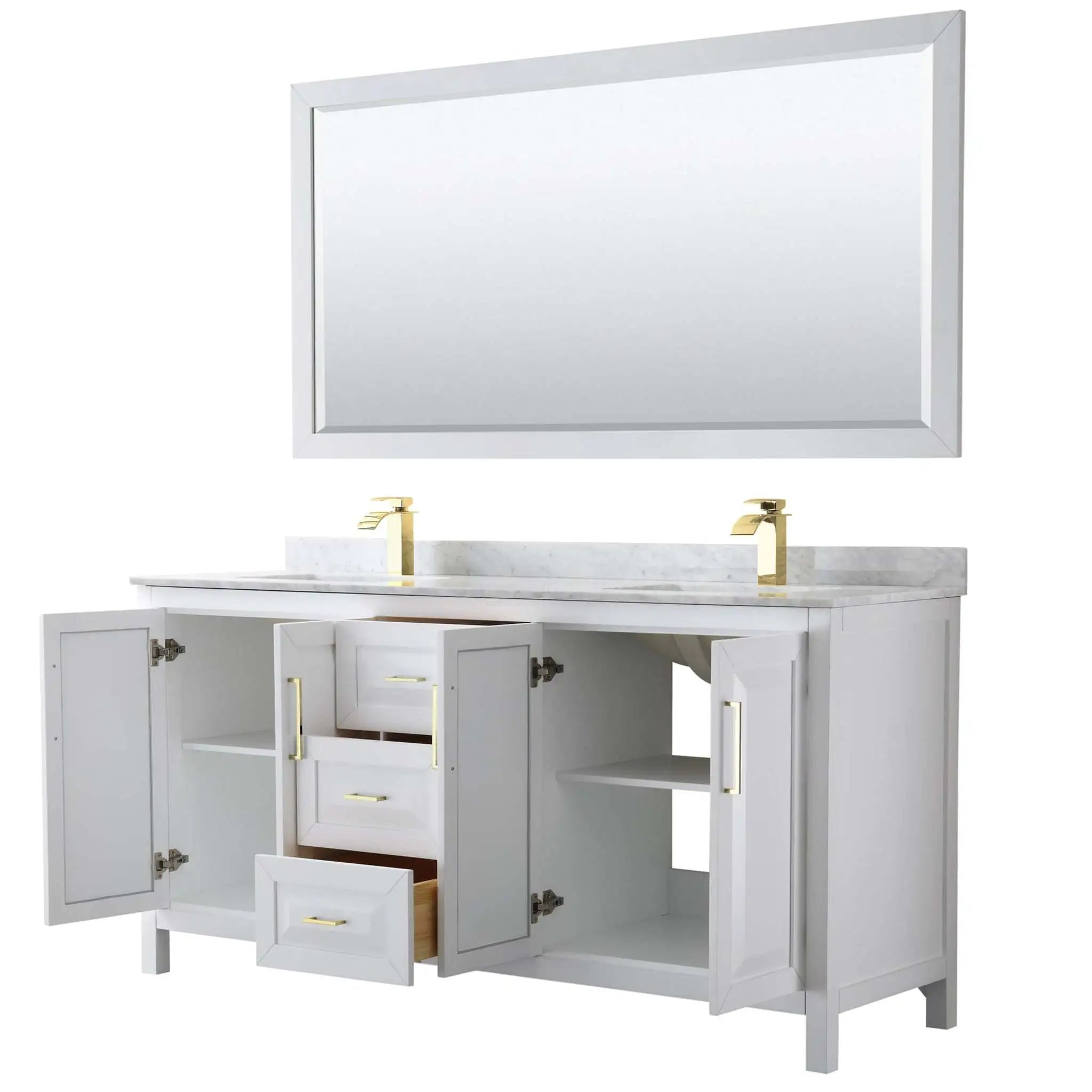 72" Daria Double Bathroom Vanity in White with Brushed Gold Trim & 70" Mirror by Wyndham