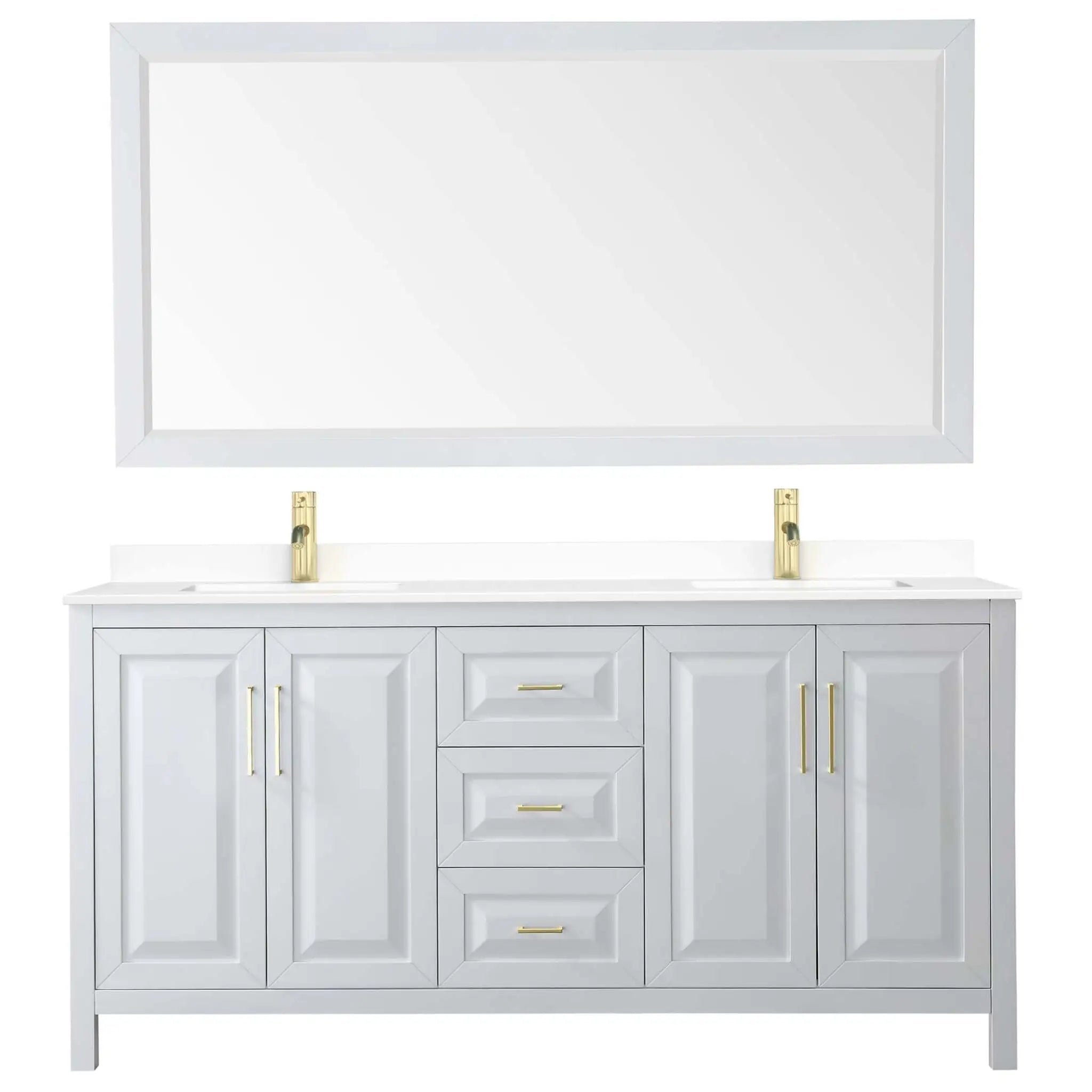 72" Daria Double Bathroom Vanity in White with Brushed Gold Trim & 70" Mirror by Wyndham