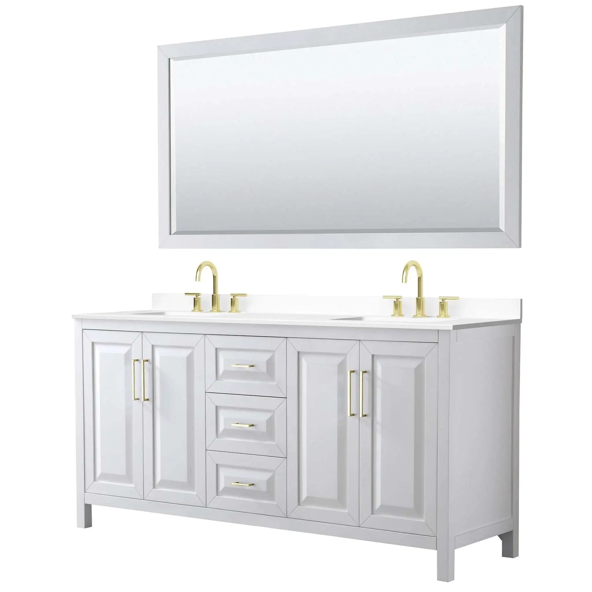 72" Daria Double Bathroom Vanity in White with Brushed Gold Trim & 70" Mirror by Wyndham