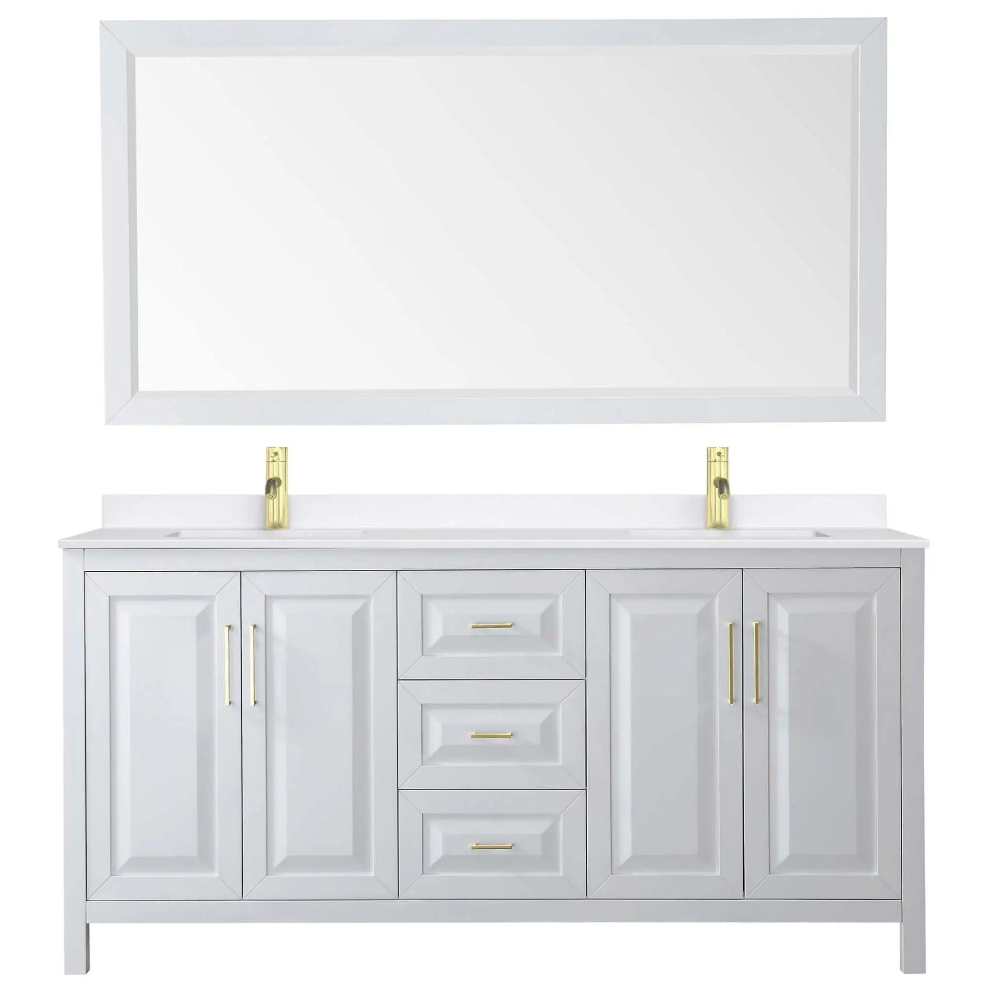 72" Daria Double Bathroom Vanity in White with Brushed Gold Trim & 70" Mirror by Wyndham