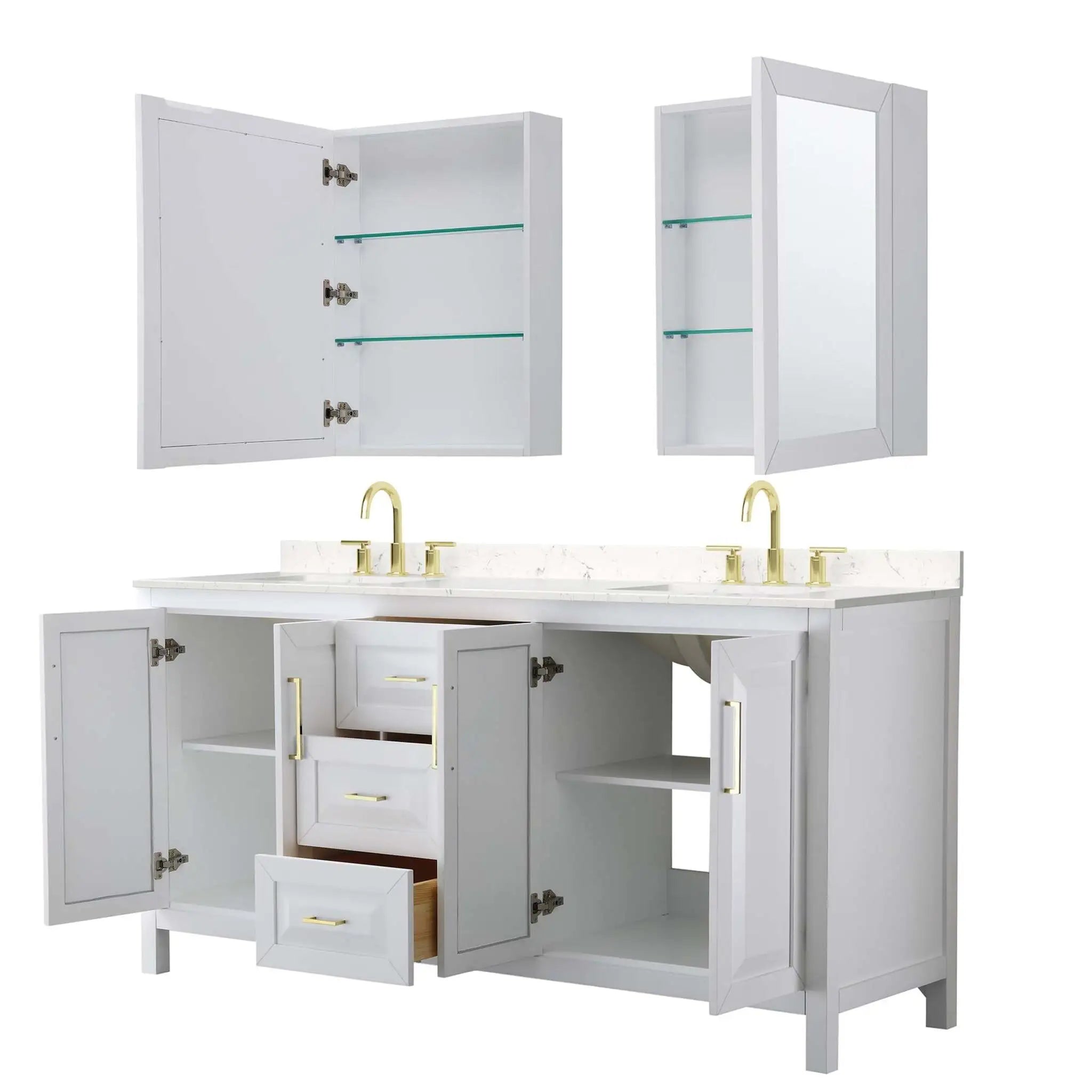 72" Daria Double Bathroom Vanity in White with Brushed Gold Trim & Medicine Cabinet by Wyndham