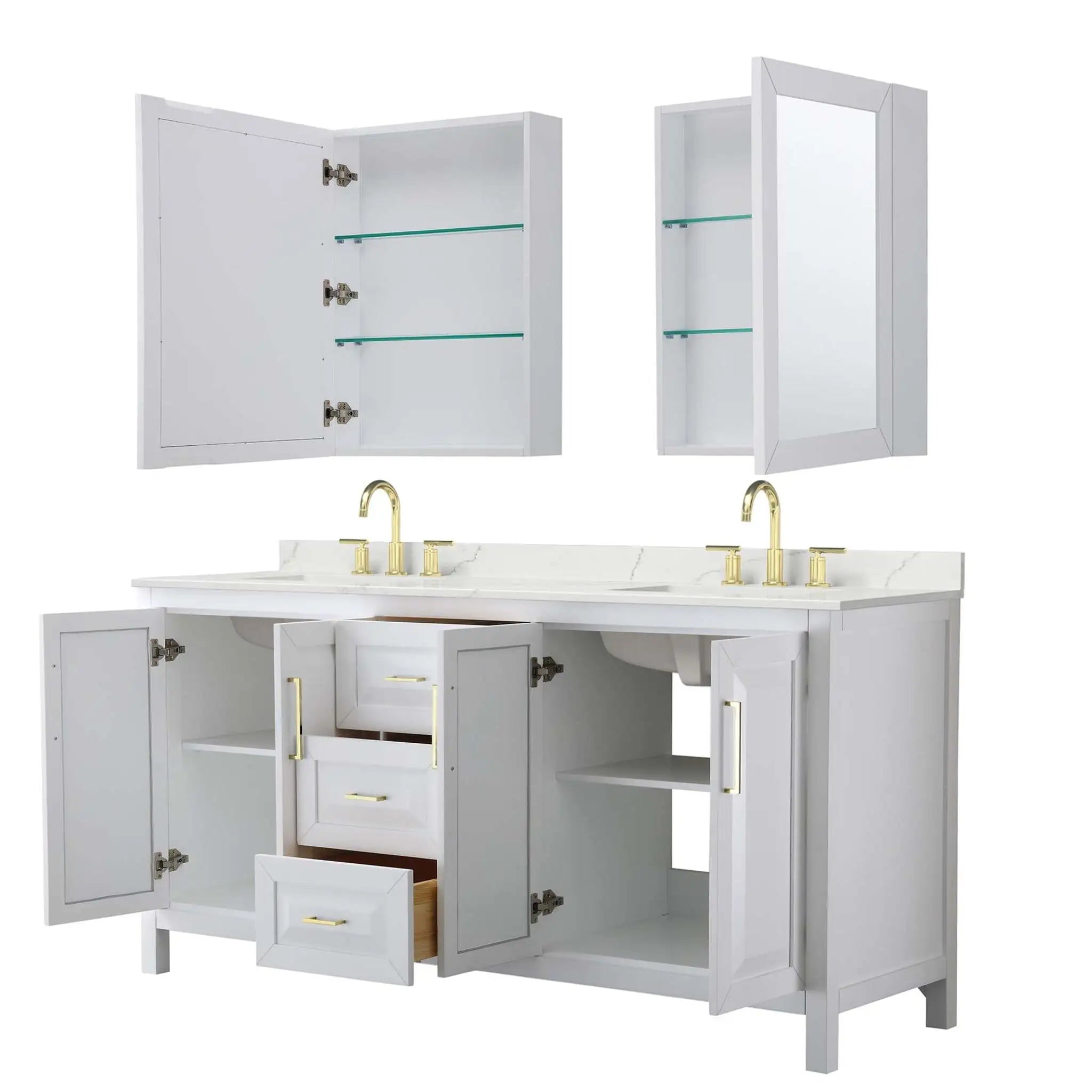 72" Daria Double Bathroom Vanity in White with Brushed Gold Trim & Medicine Cabinet by Wyndham