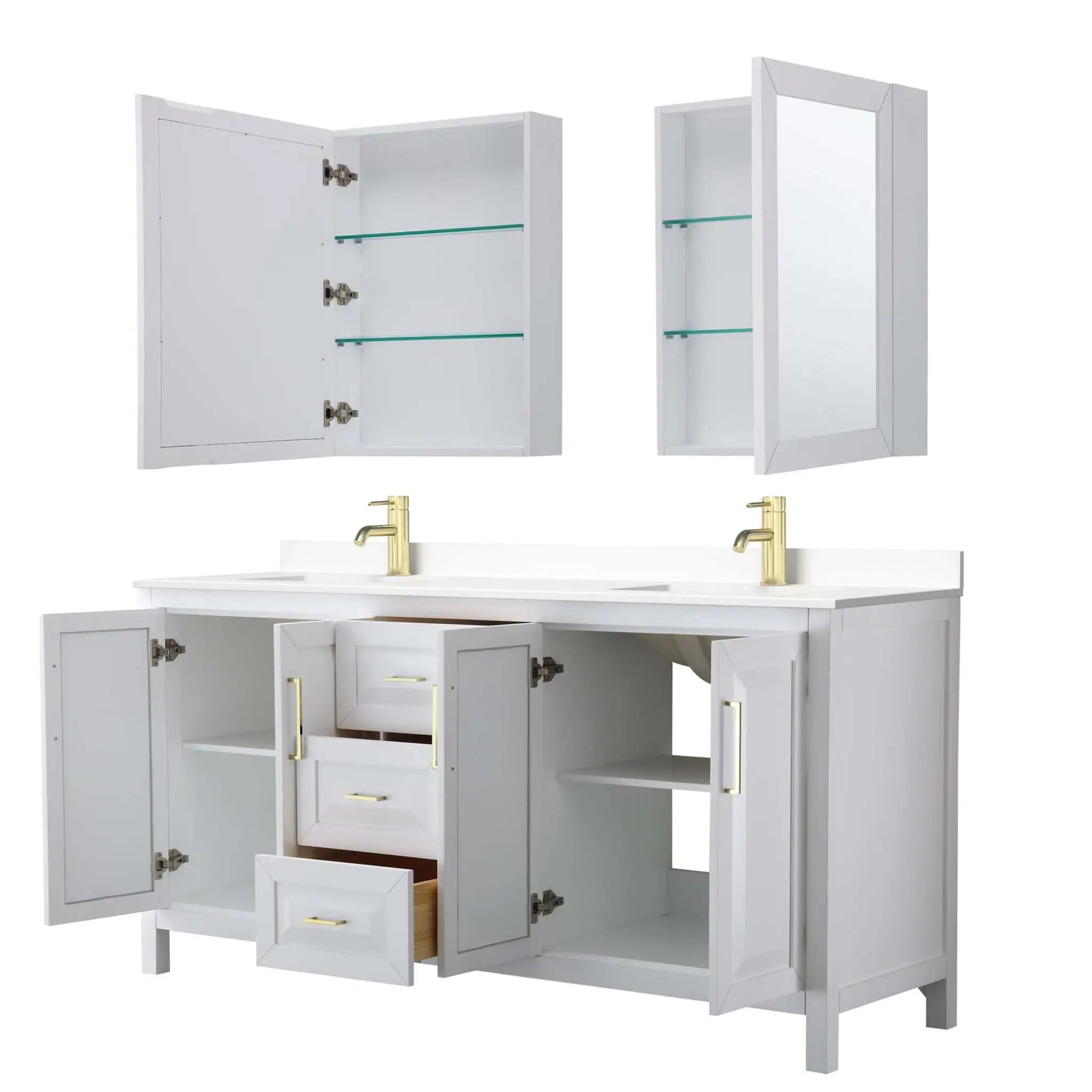 72" Daria Double Bathroom Vanity in White with Brushed Gold Trim & Medicine Cabinet by Wyndham