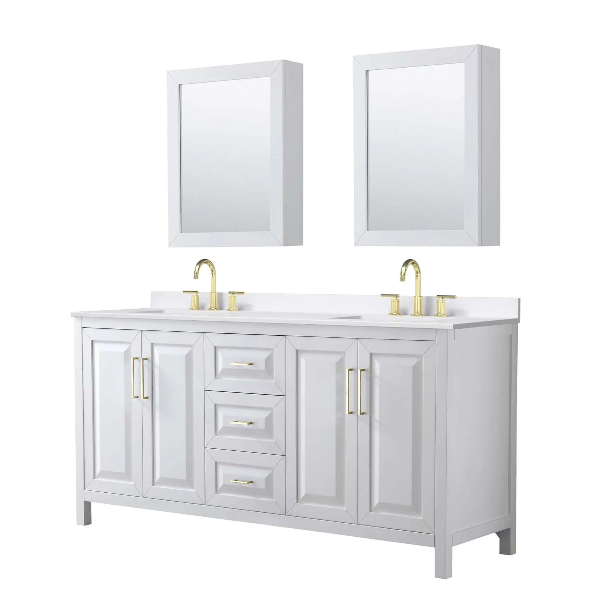 72" Daria Double Bathroom Vanity in White with Brushed Gold Trim & Medicine Cabinet by Wyndham