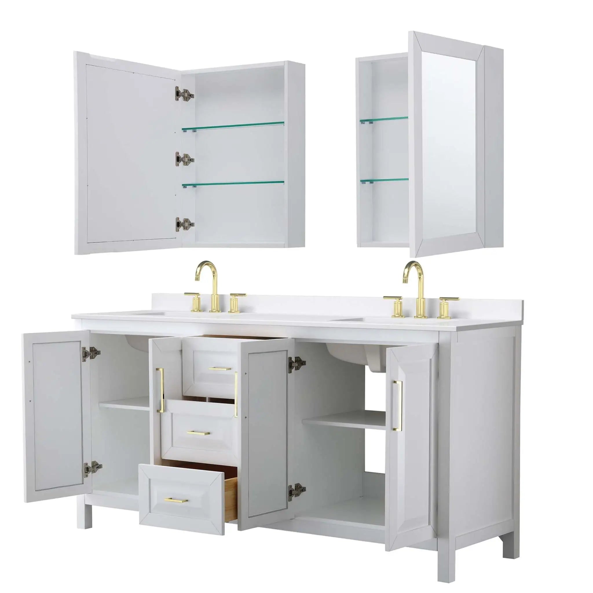 72" Daria Double Bathroom Vanity in White with Brushed Gold Trim & Medicine Cabinet by Wyndham