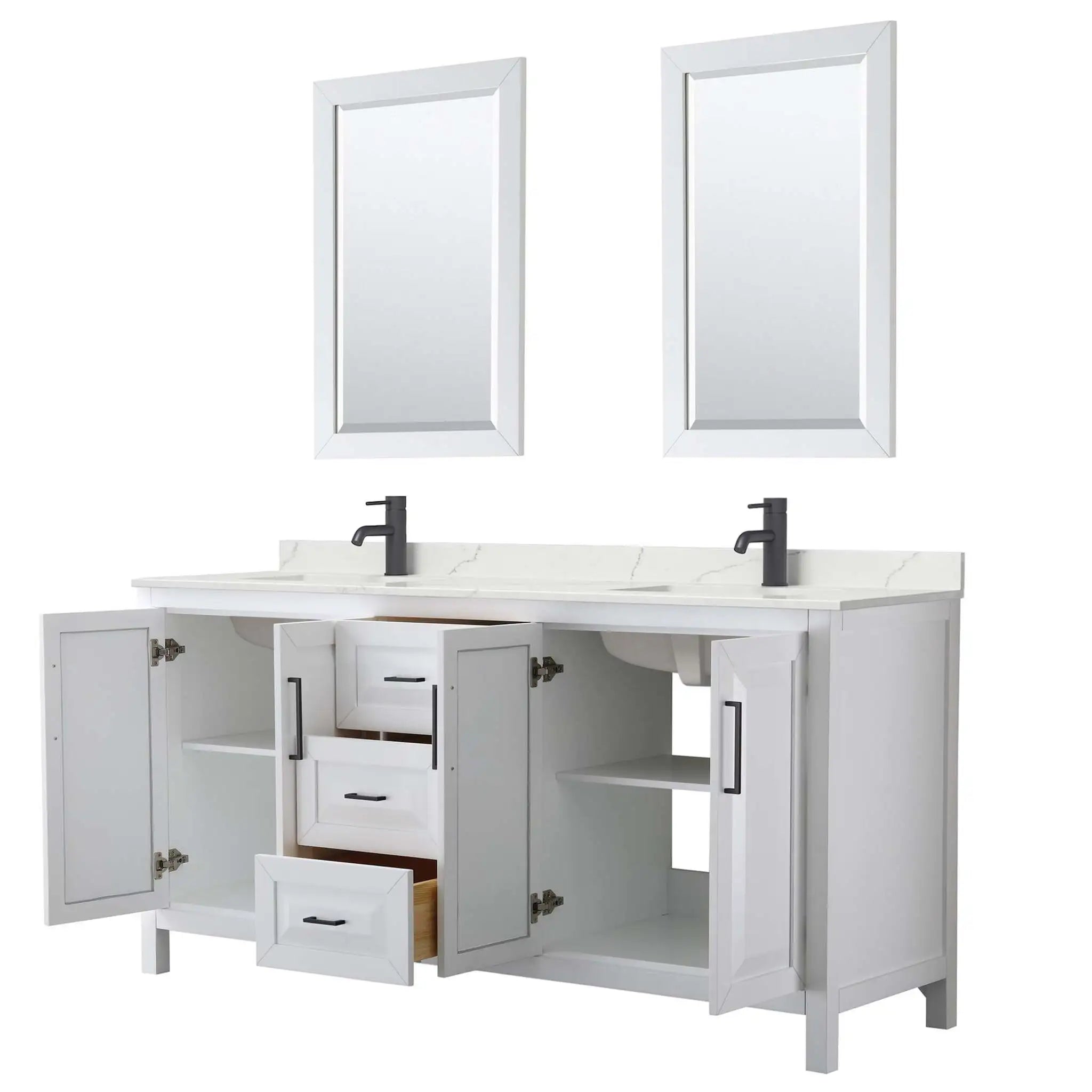 72" Daria Double Bathroom Vanity in White with Matte Black Trim & 24" Mirror by Wyndham