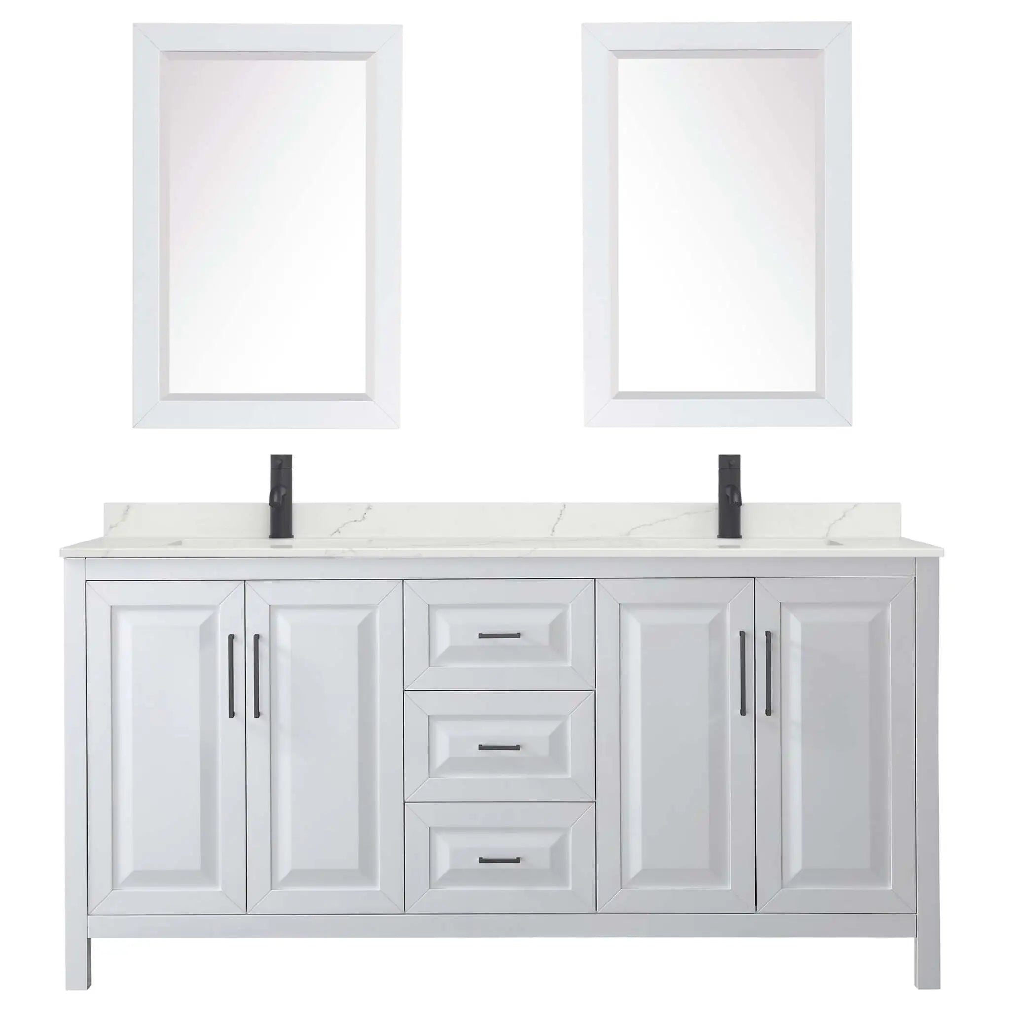 72" Daria Double Bathroom Vanity in White with Matte Black Trim & 24" Mirror by Wyndham