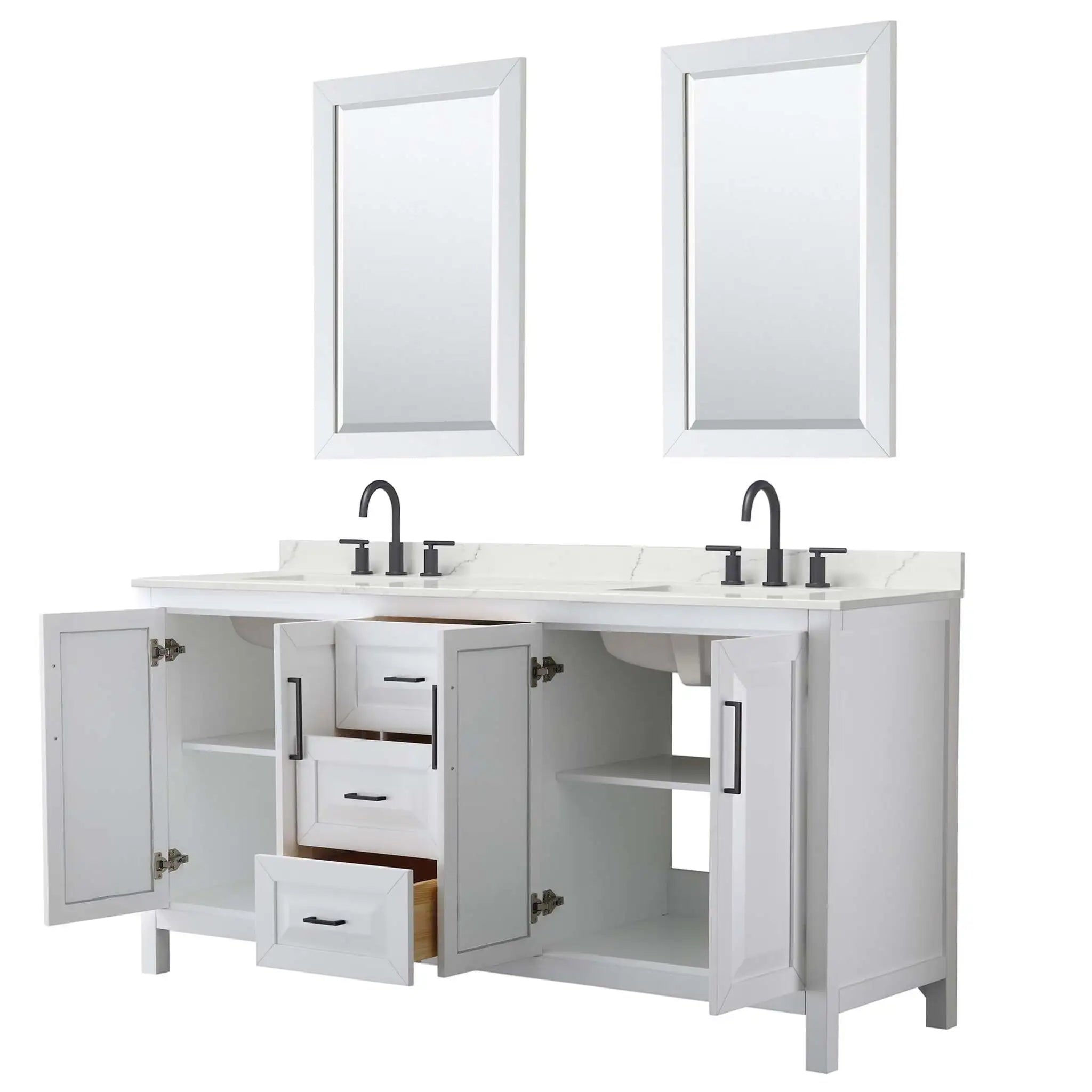 72" Daria Double Bathroom Vanity in White with Matte Black Trim & 24" Mirror by Wyndham
