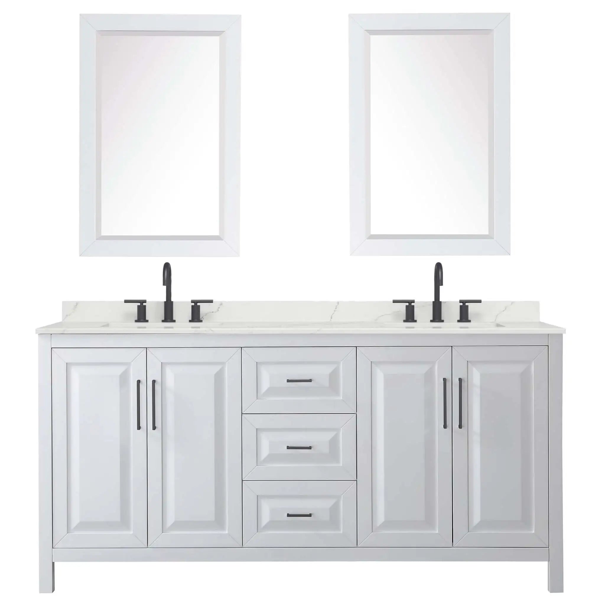 72" Daria Double Bathroom Vanity in White with Matte Black Trim & 24" Mirror by Wyndham