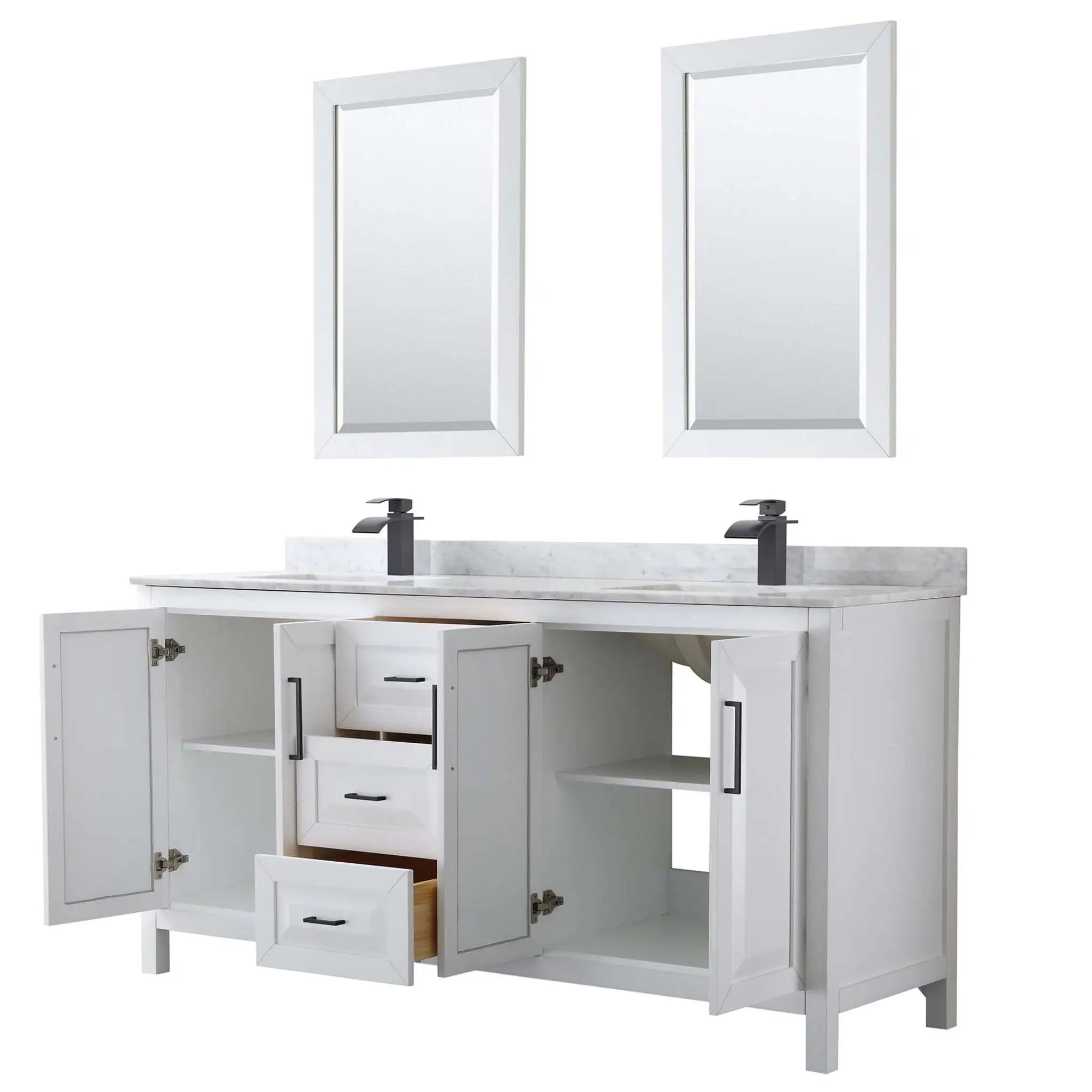 72" Daria Double Bathroom Vanity in White with Matte Black Trim & 24" Mirror by Wyndham