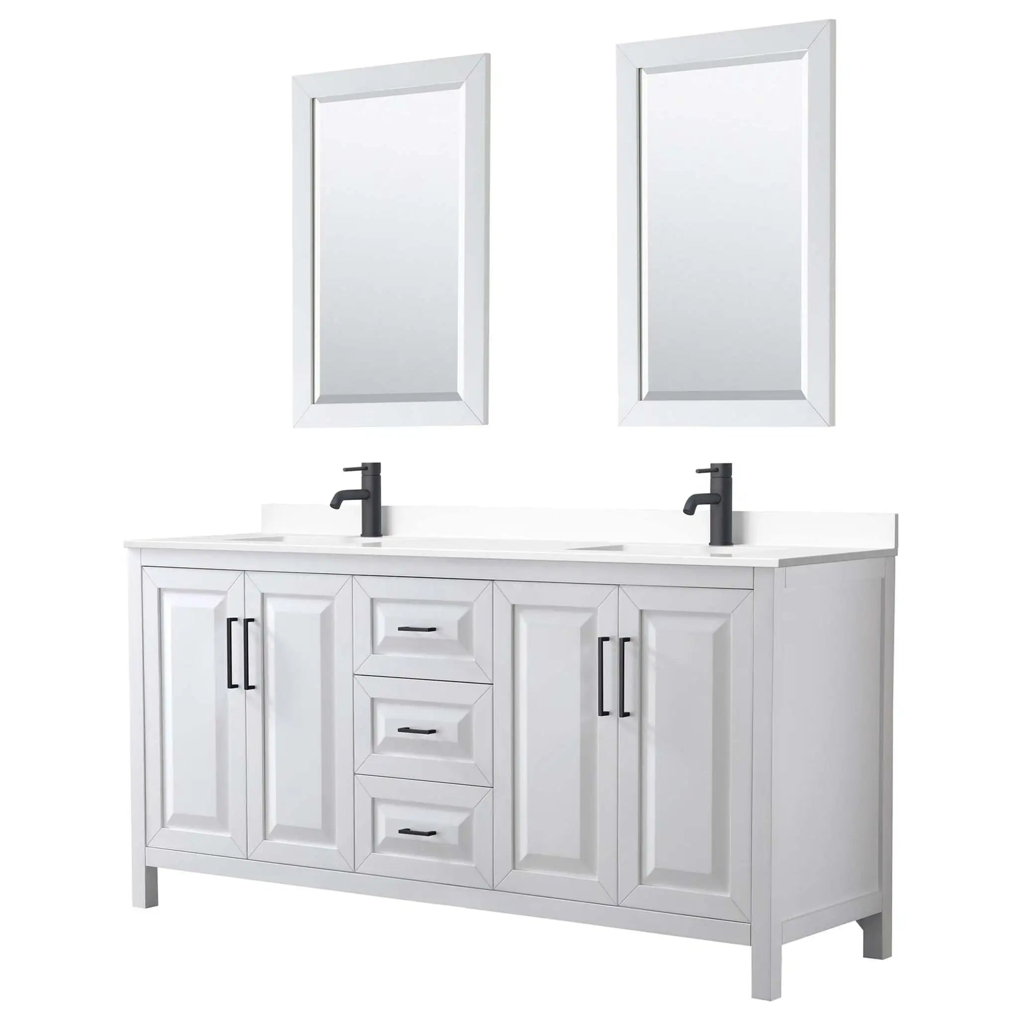 72" Daria Double Bathroom Vanity in White with Matte Black Trim & 24" Mirror by Wyndham