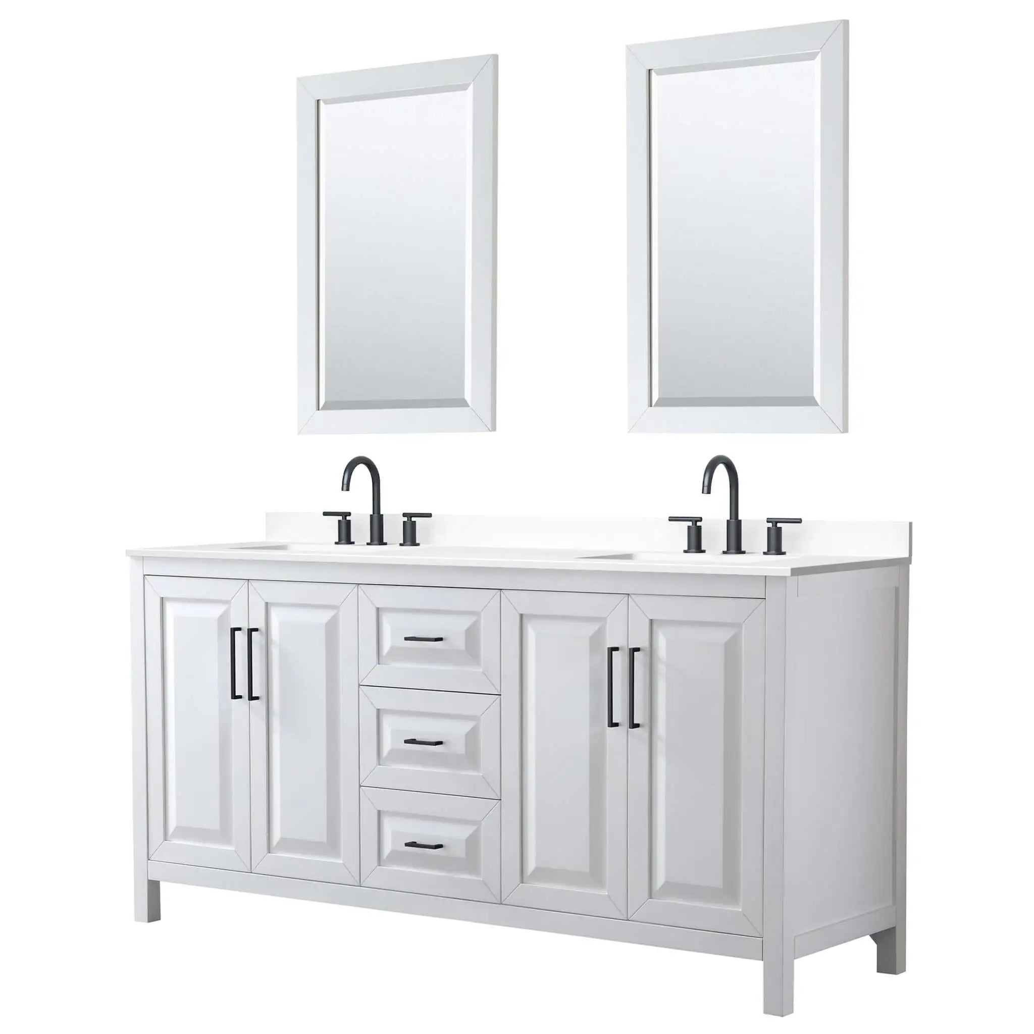 72" Daria Double Bathroom Vanity in White with Matte Black Trim & 24" Mirror by Wyndham