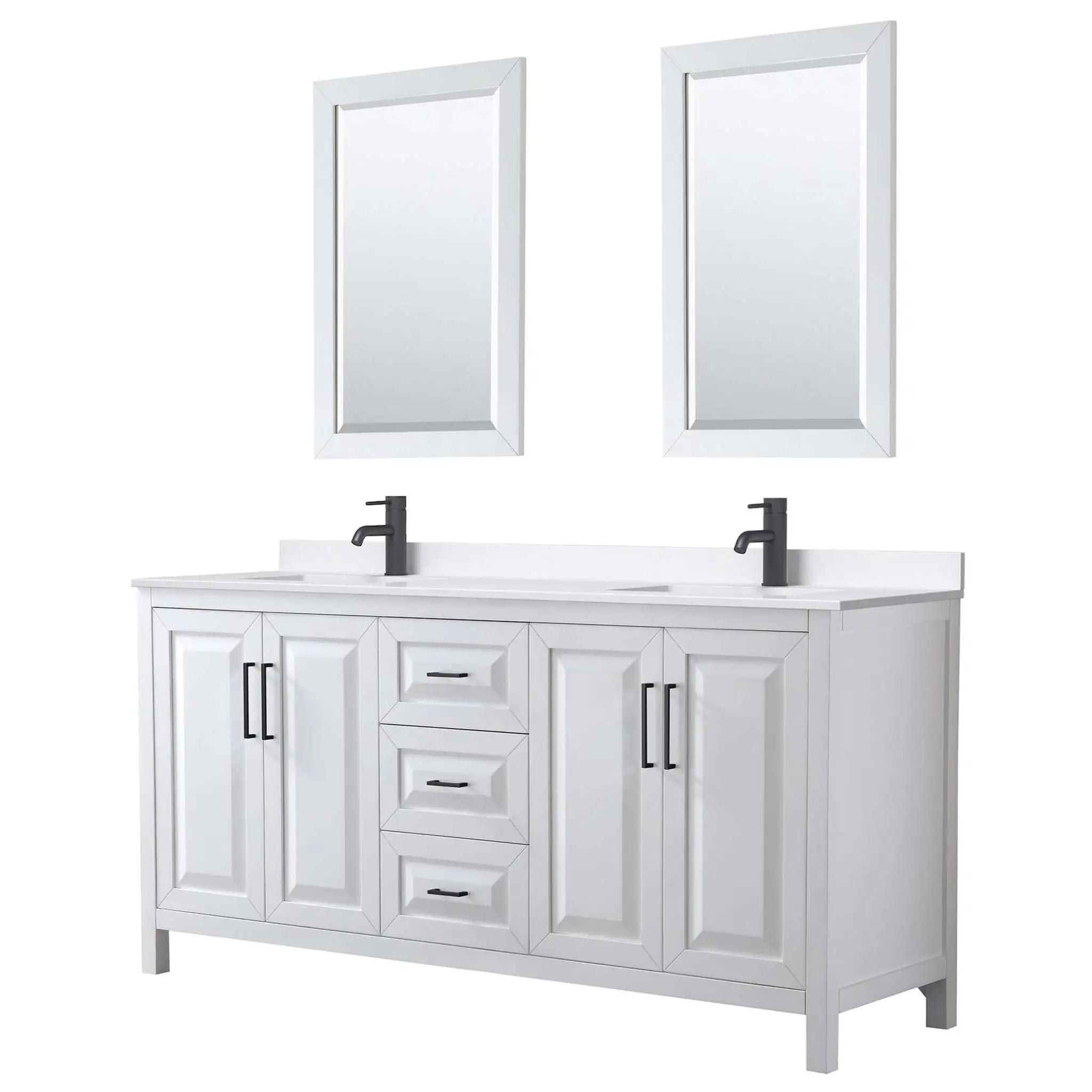 72" Daria Double Bathroom Vanity in White with Matte Black Trim & 24" Mirror by Wyndham
