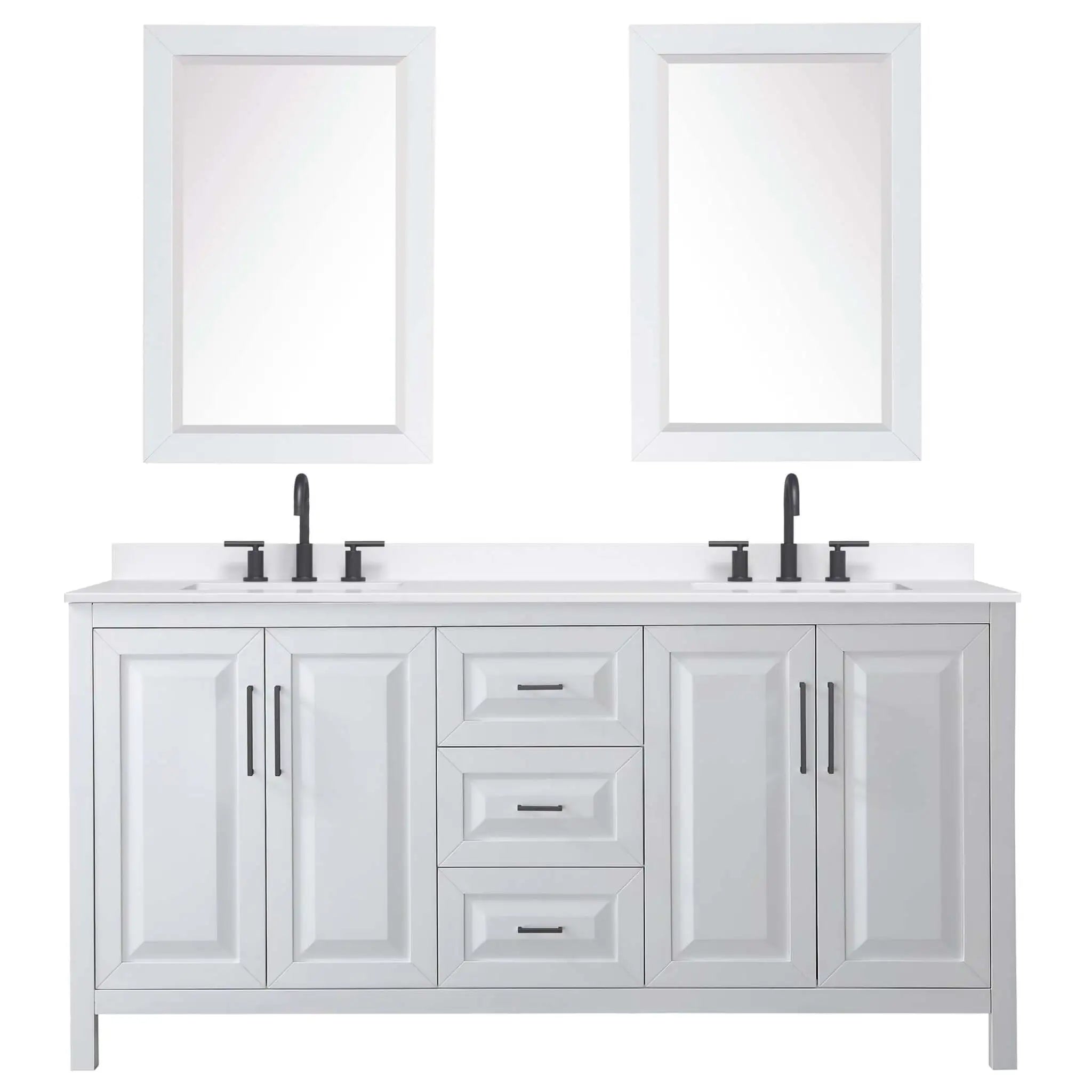 72" Daria Double Bathroom Vanity in White with Matte Black Trim & 24" Mirror by Wyndham