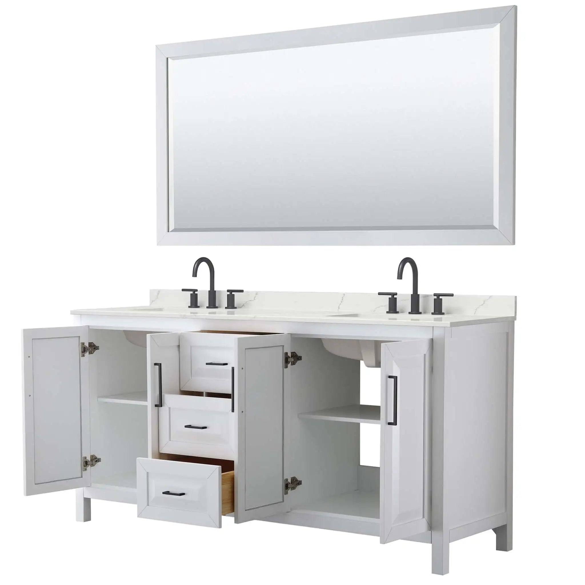 72" Daria Double Bathroom Vanity in White with Matte Black Trim & 70" Mirror by Wyndham