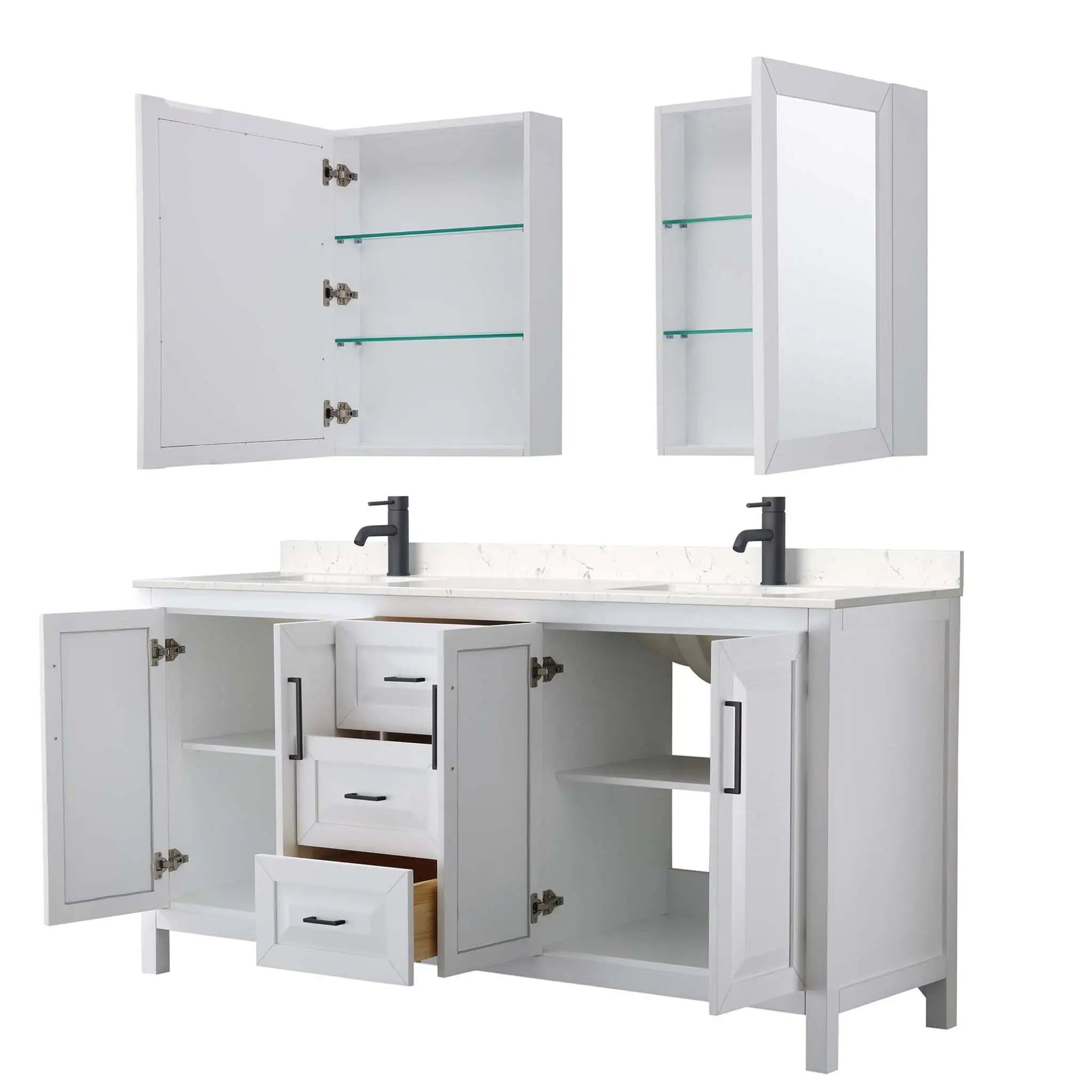 72" Daria Double Bathroom Vanity in White with Matte Black Trim & Medicine Cabinet by Wyndham