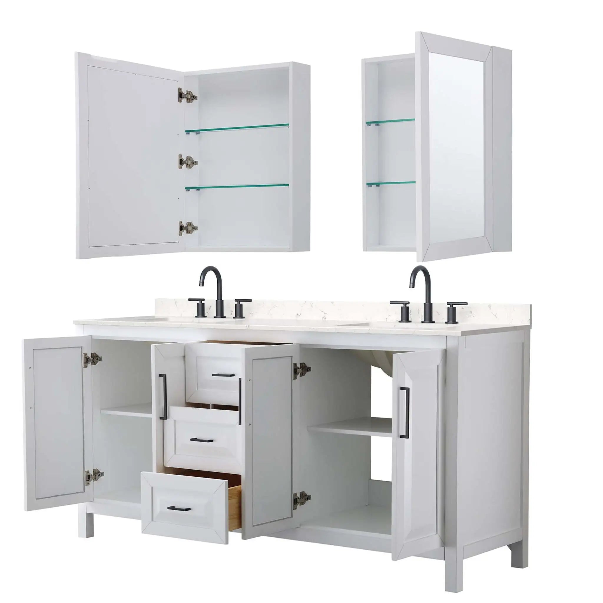 72" Daria Double Bathroom Vanity in White with Matte Black Trim & Medicine Cabinet by Wyndham