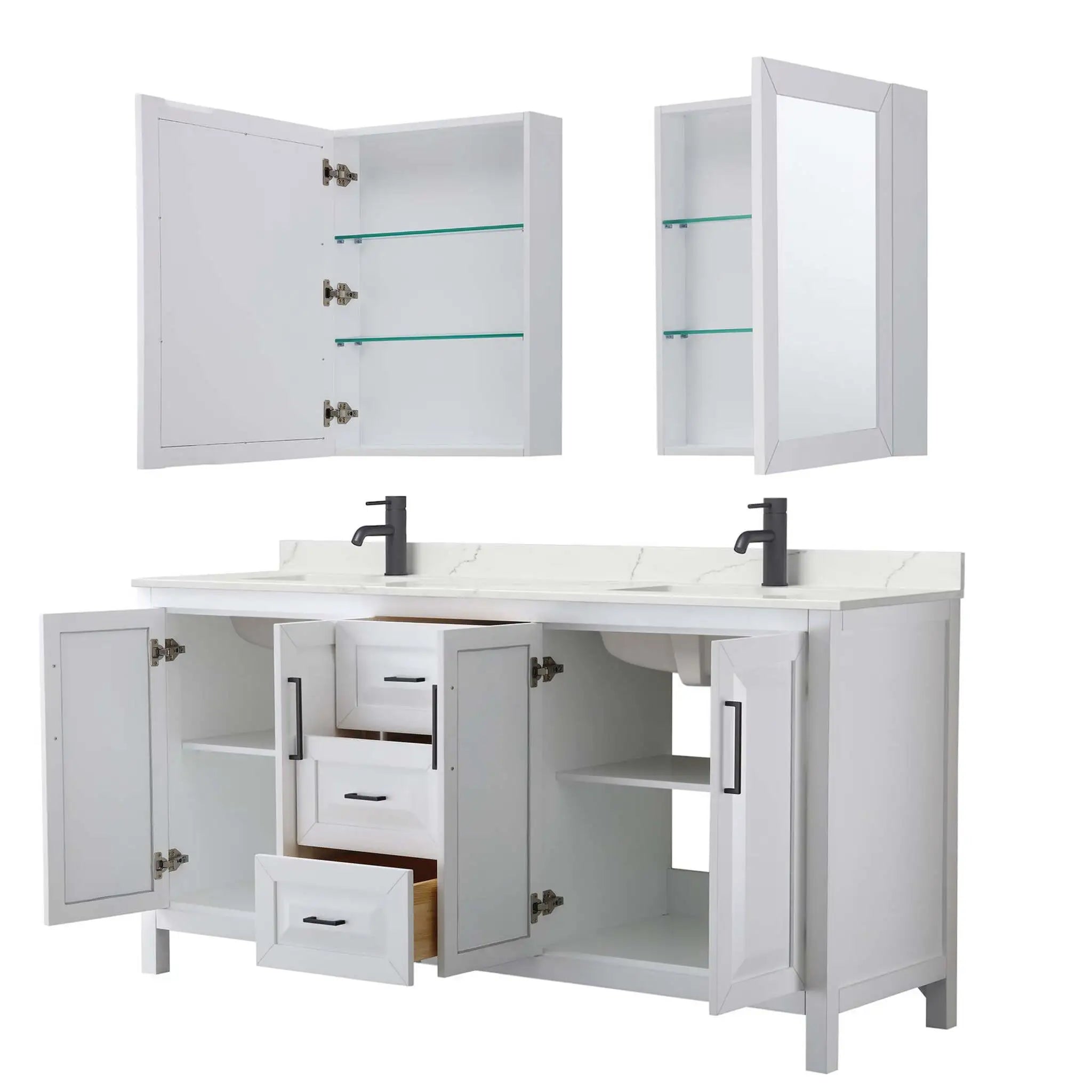 72" Daria Double Bathroom Vanity in White with Matte Black Trim & Medicine Cabinet by Wyndham