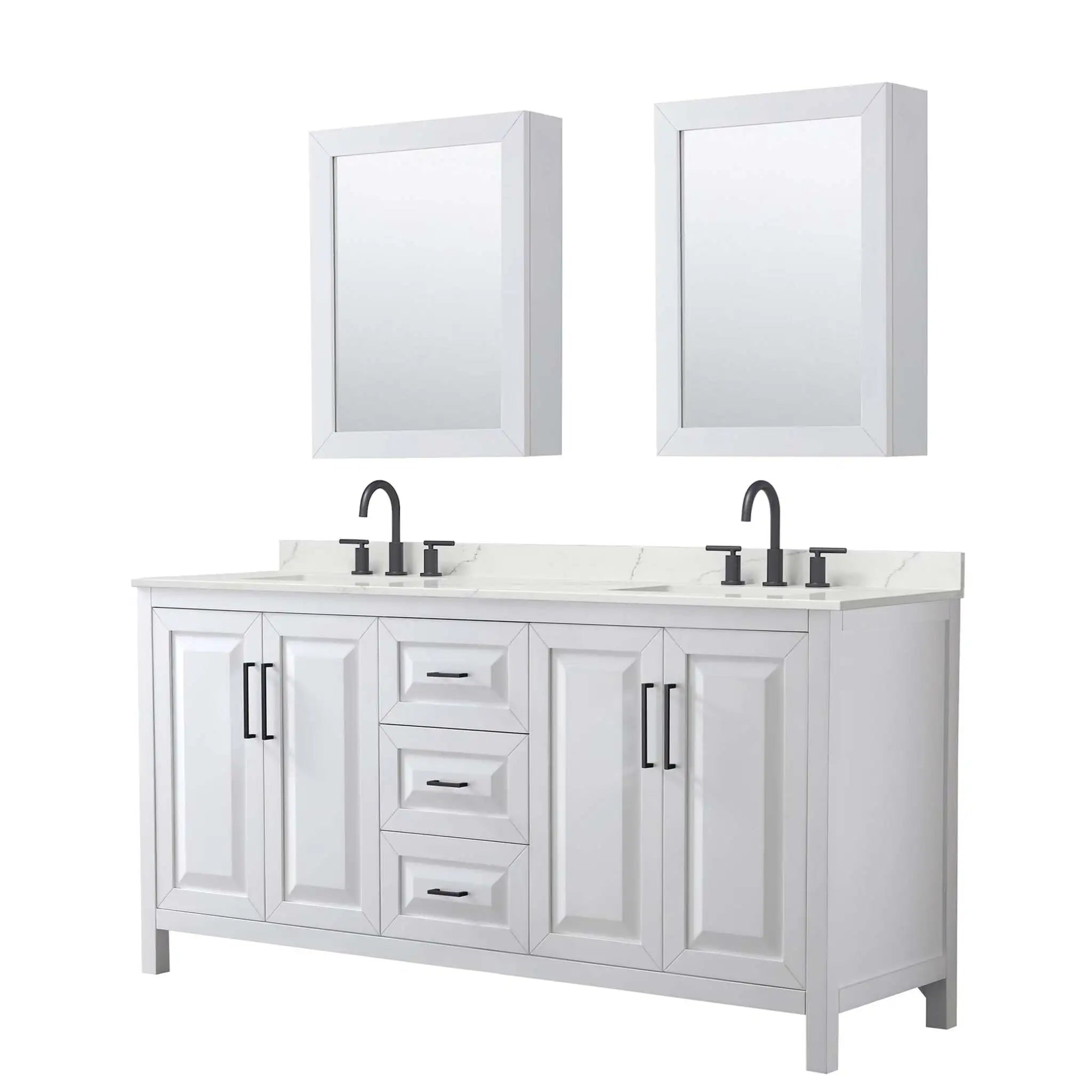 72" Daria Double Bathroom Vanity in White with Matte Black Trim & Medicine Cabinet by Wyndham