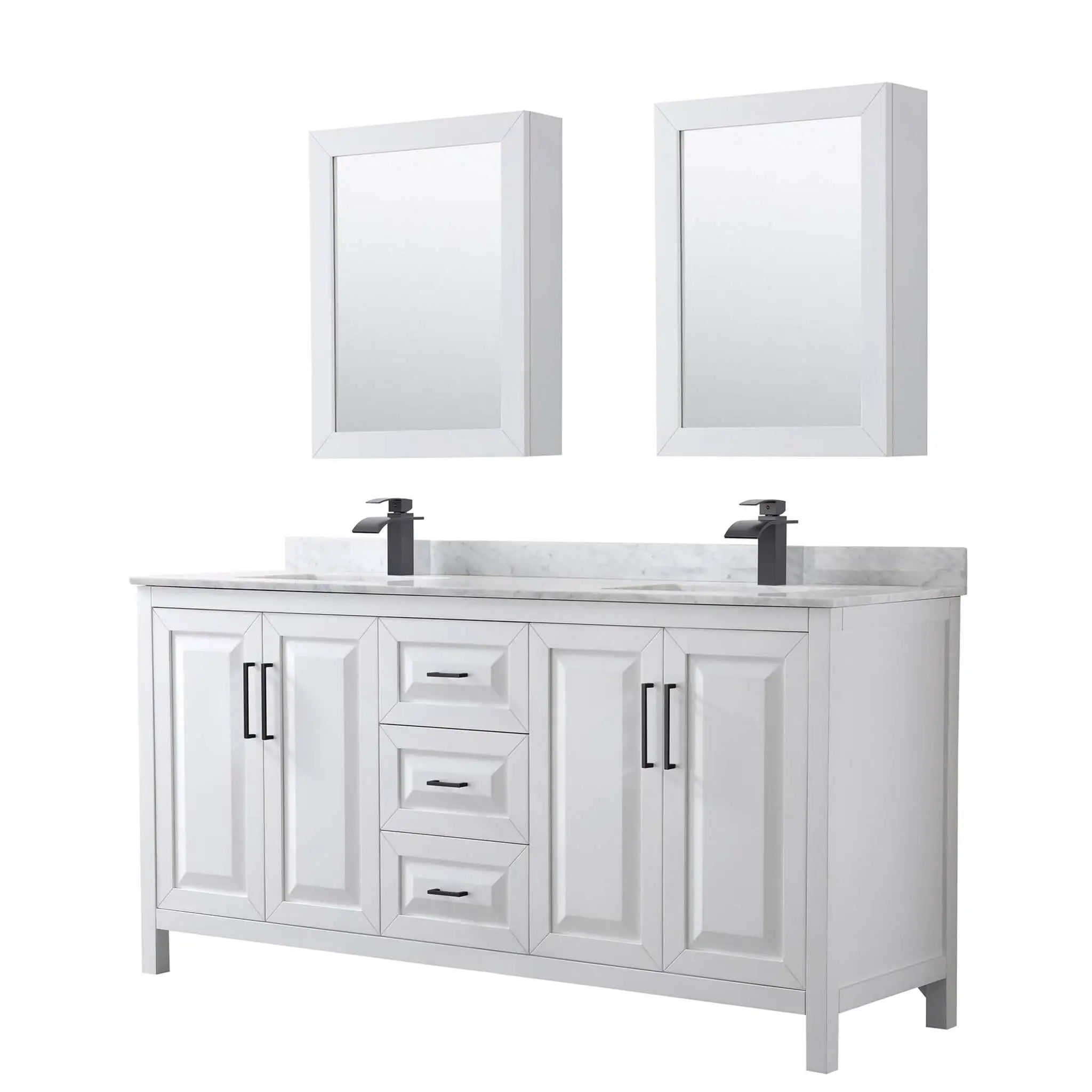 72" Daria Double Bathroom Vanity in White with Matte Black Trim & Medicine Cabinet by Wyndham