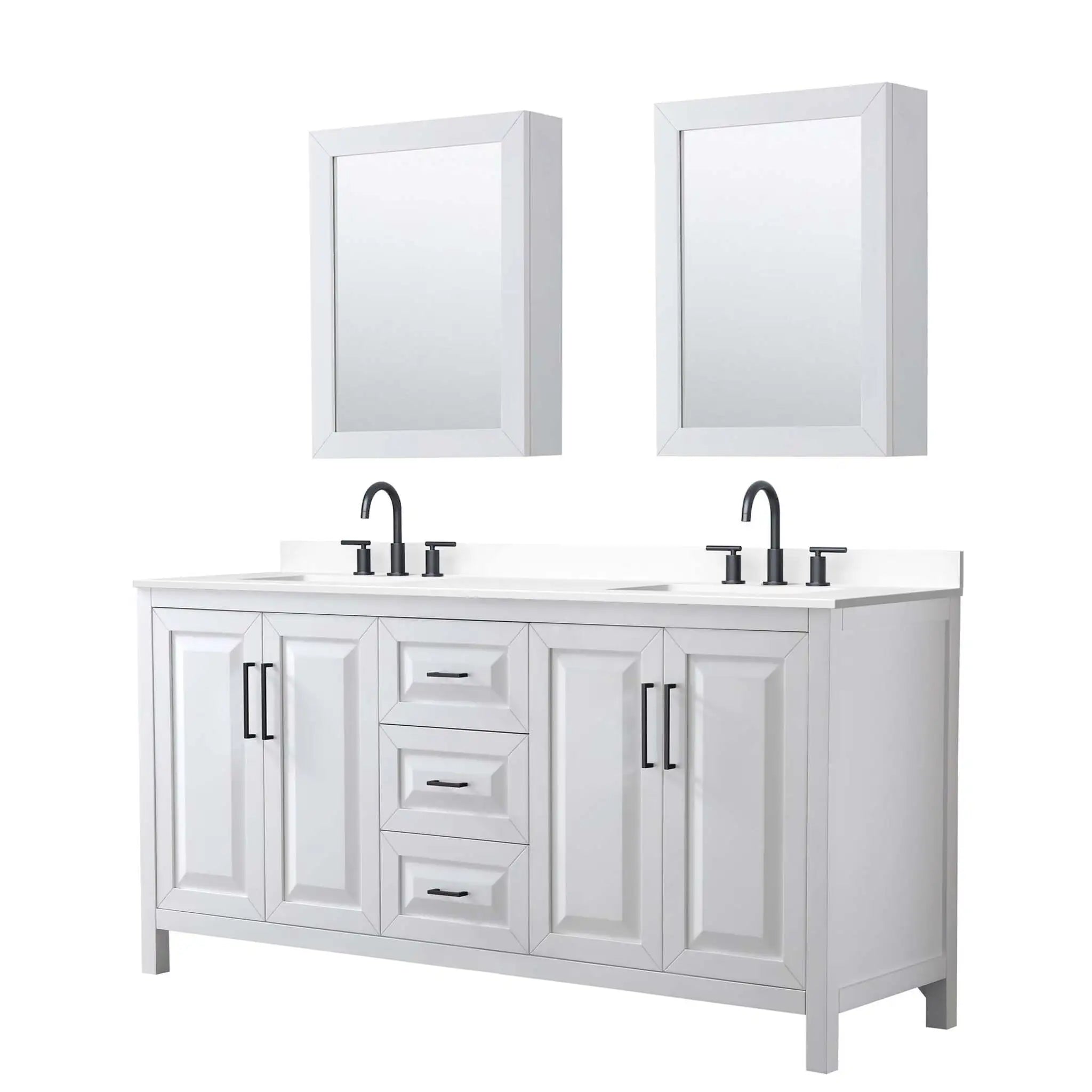 72" Daria Double Bathroom Vanity in White with Matte Black Trim & Medicine Cabinet by Wyndham