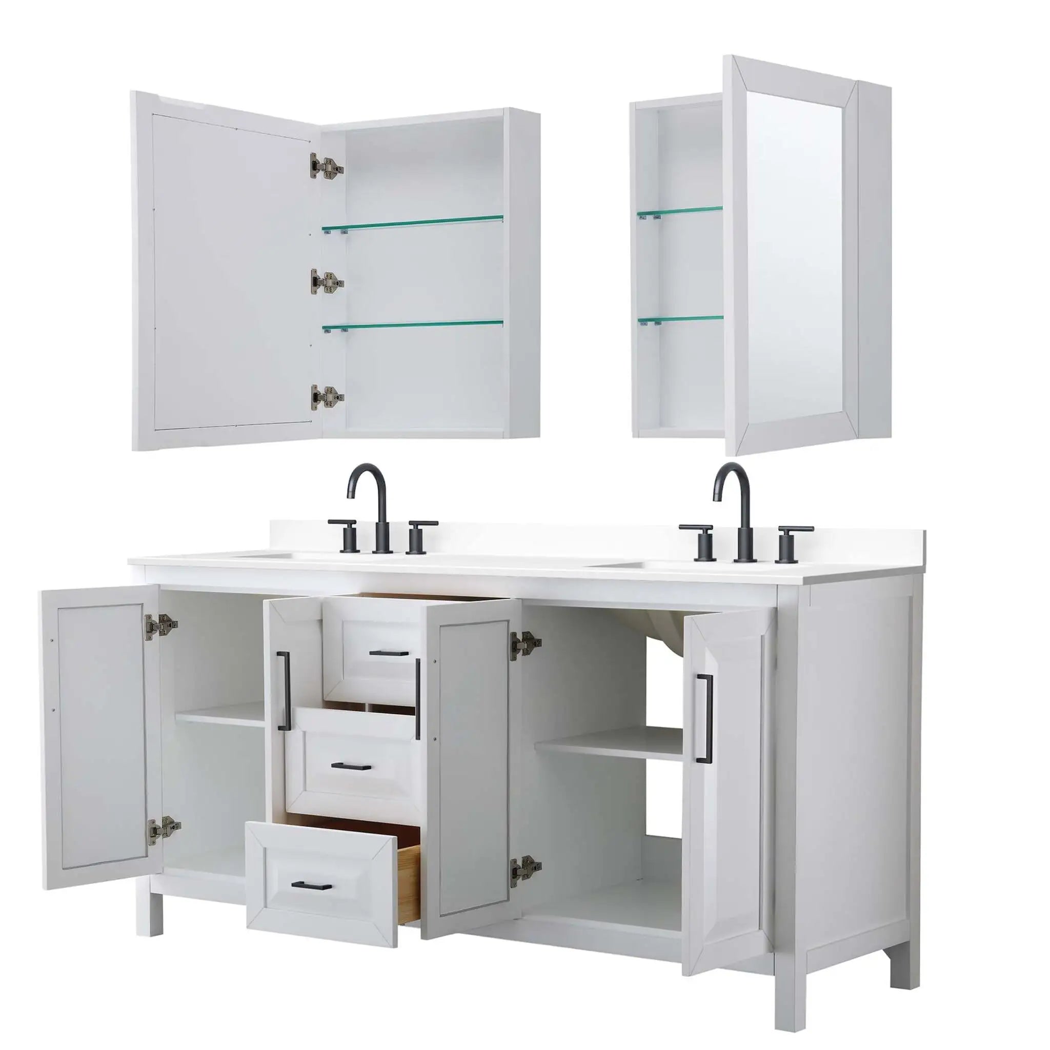 72" Daria Double Bathroom Vanity in White with Matte Black Trim & Medicine Cabinet by Wyndham