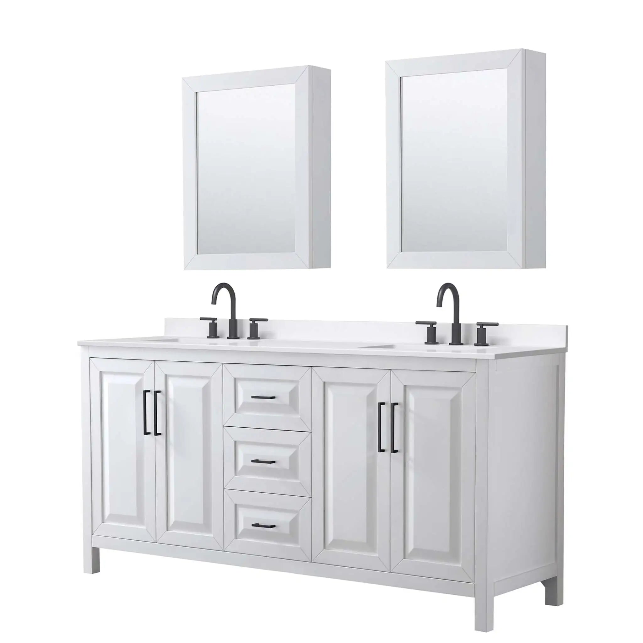 72" Daria Double Bathroom Vanity in White with Matte Black Trim & Medicine Cabinet by Wyndham