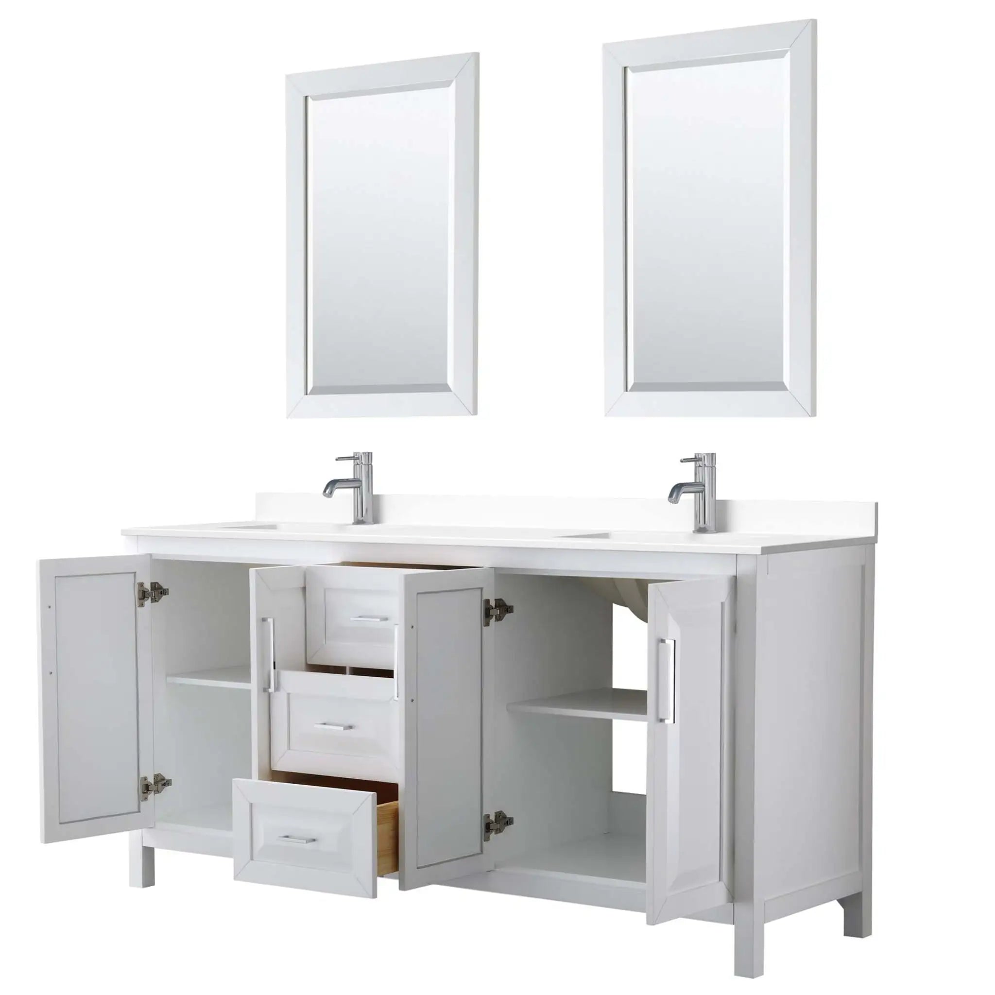 72" Daria Double Bathroom Vanity in White with Polished Chrome Trim & 24" Mirror by Wyndham