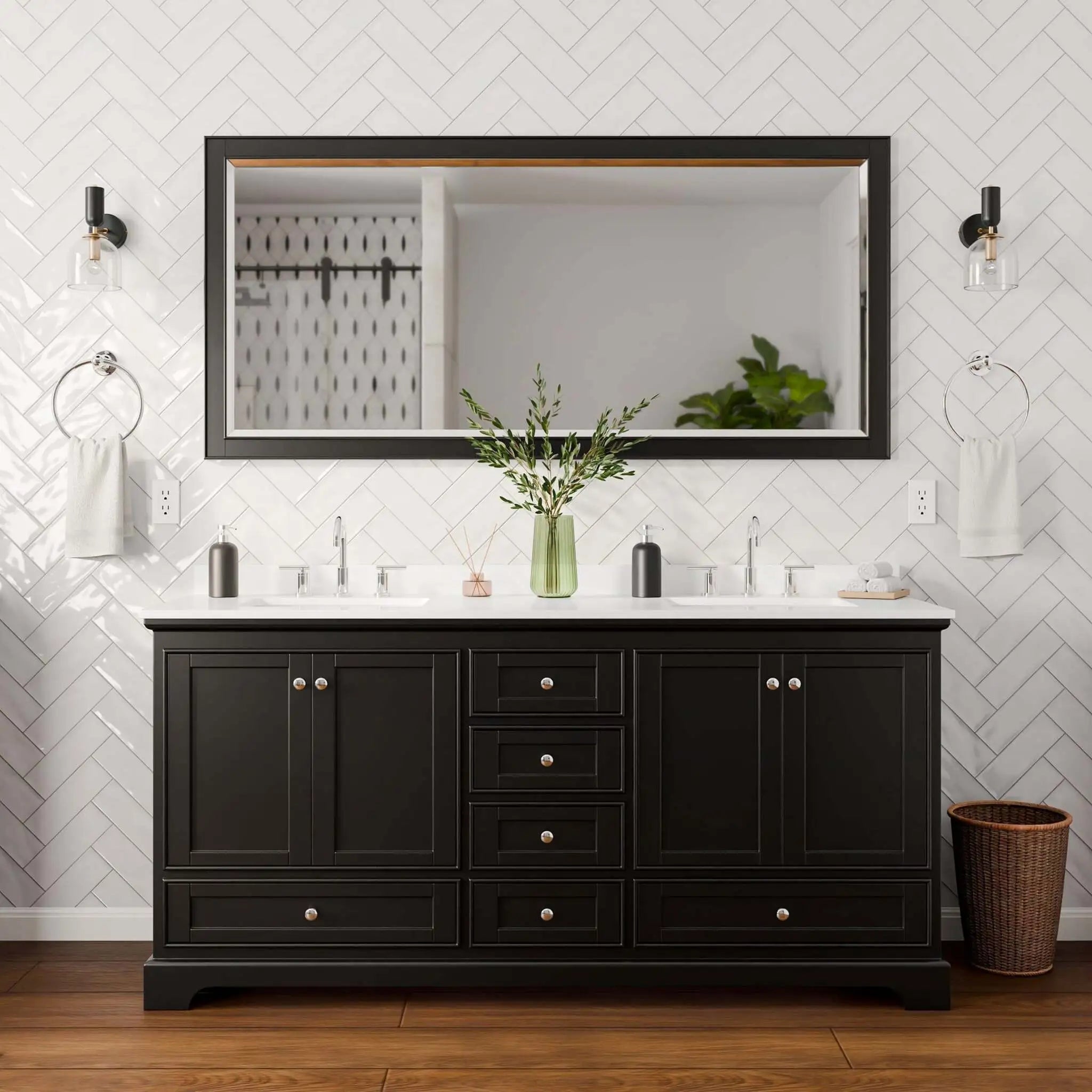 72" Deborah Double Bathroom Vanity in Dark Espresso with Polished Chrome Trim & 70" Mirror by Wyndham