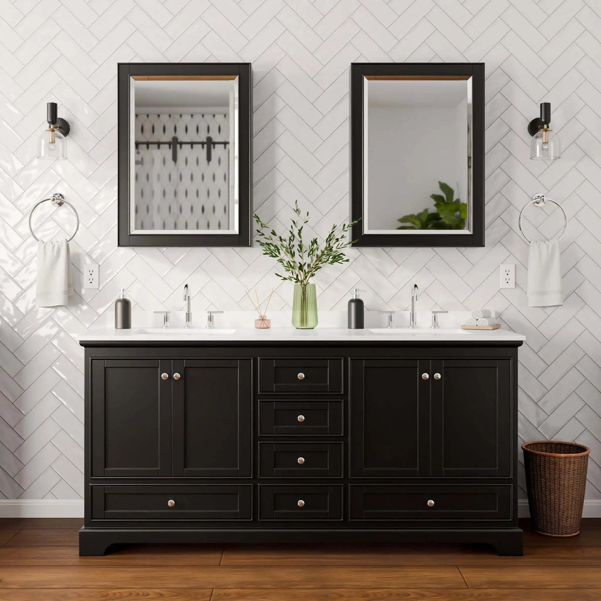 72" Deborah Double Bathroom Vanity in Dark Espresso with Polished Chrome Trim & Medicine Cabinet by Wyndham