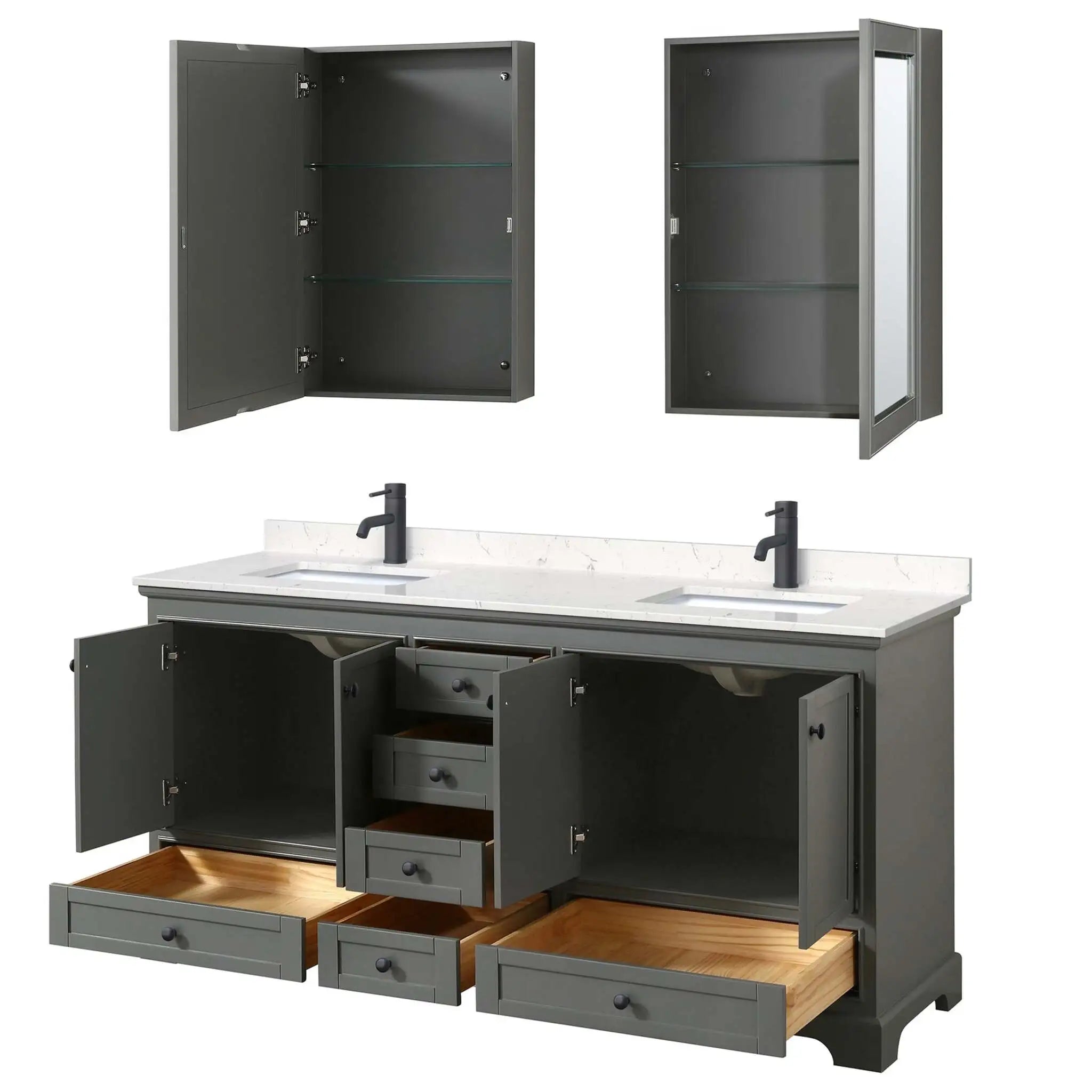 72" Deborah Double Bathroom Vanity in Dark Gray with Matte Black Trim & Medicine Cabinet by Wyndham