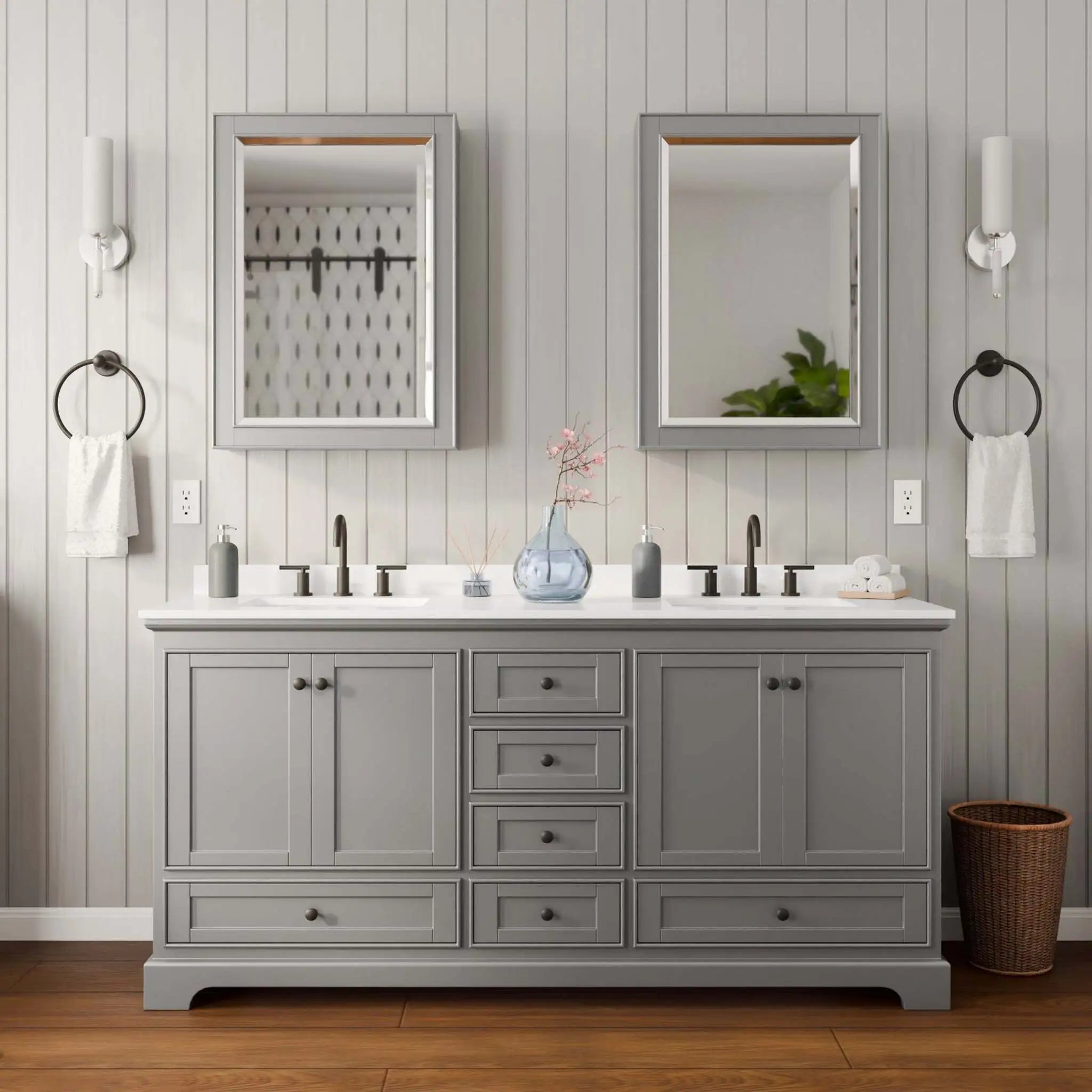 72" Deborah Double Bathroom Vanity in Dark Gray with Matte Black Trim & Medicine Cabinet by Wyndham