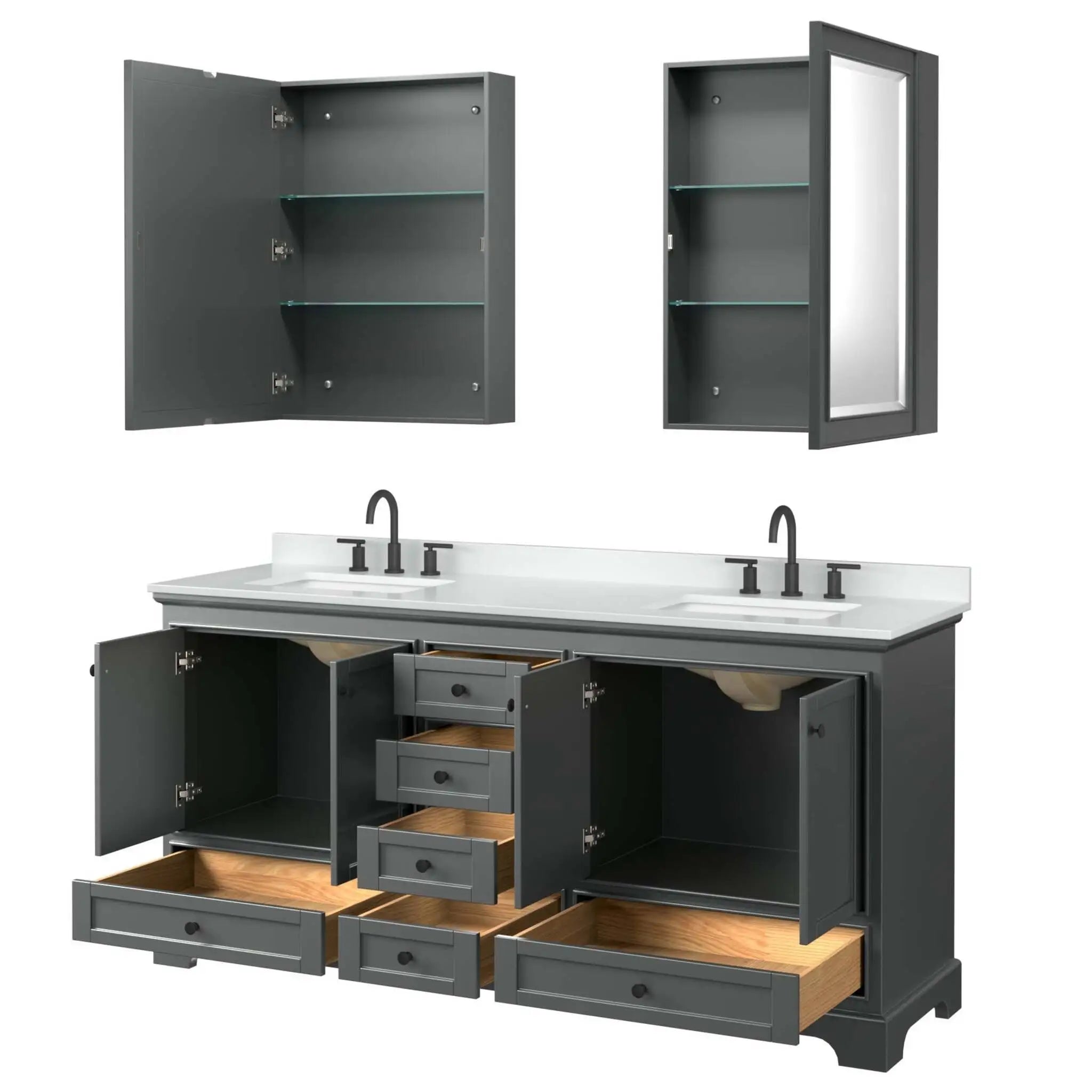 72" Deborah Double Bathroom Vanity in Dark Gray with Matte Black Trim & Medicine Cabinet by Wyndham