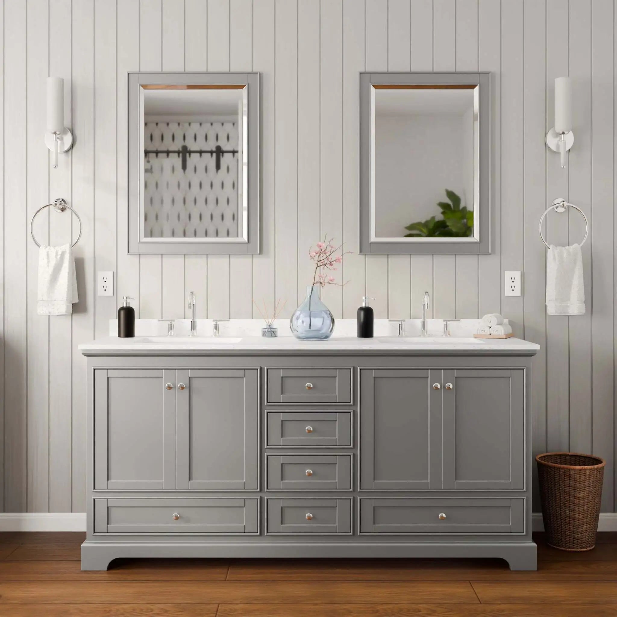 72" Deborah Double Bathroom Vanity in Dark Gray with Polished Chrome Trim & 24" Mirror by Wyndham