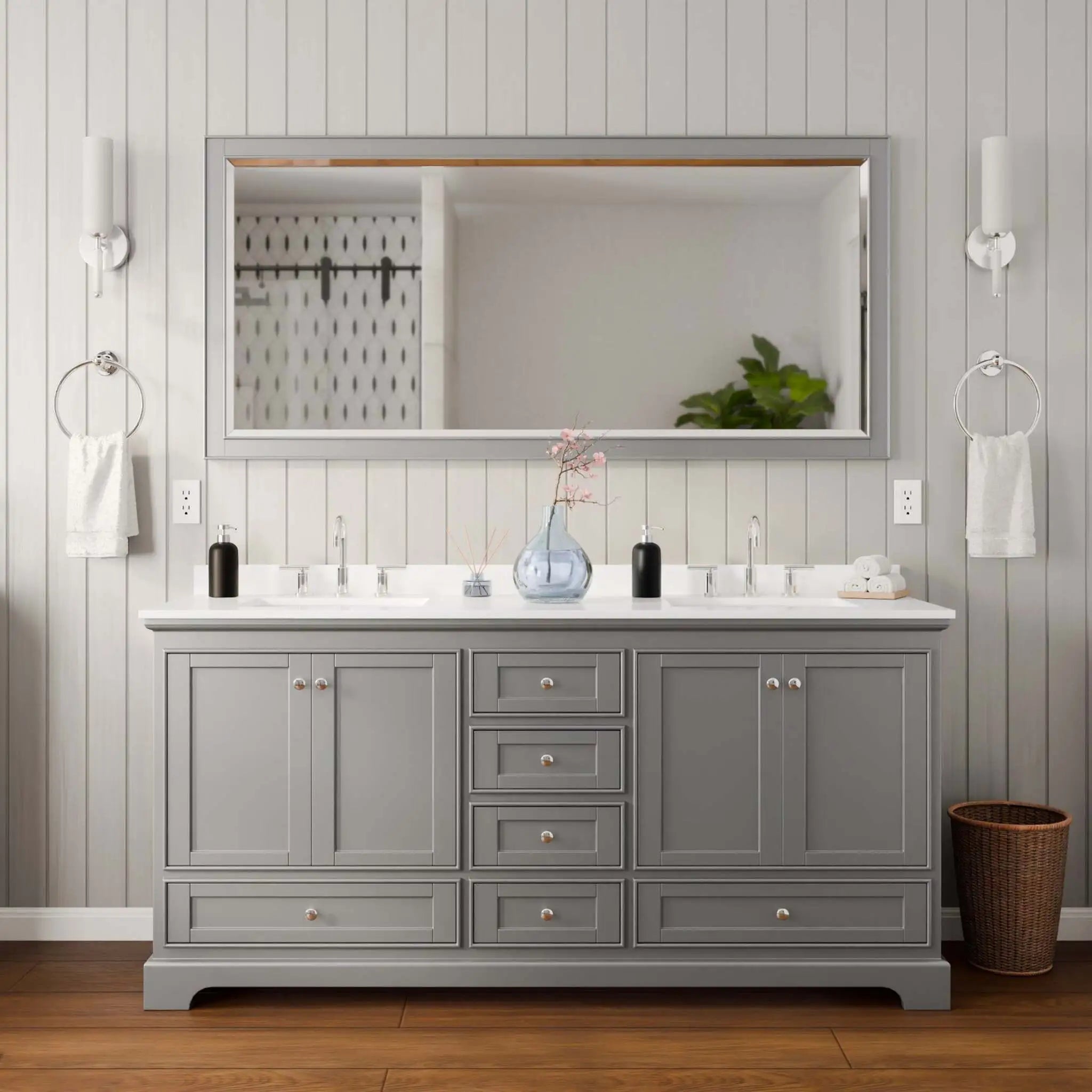 72" Deborah Double Bathroom Vanity in Dark Gray with Polished Chrome Trim & 70" Mirror by Wyndham