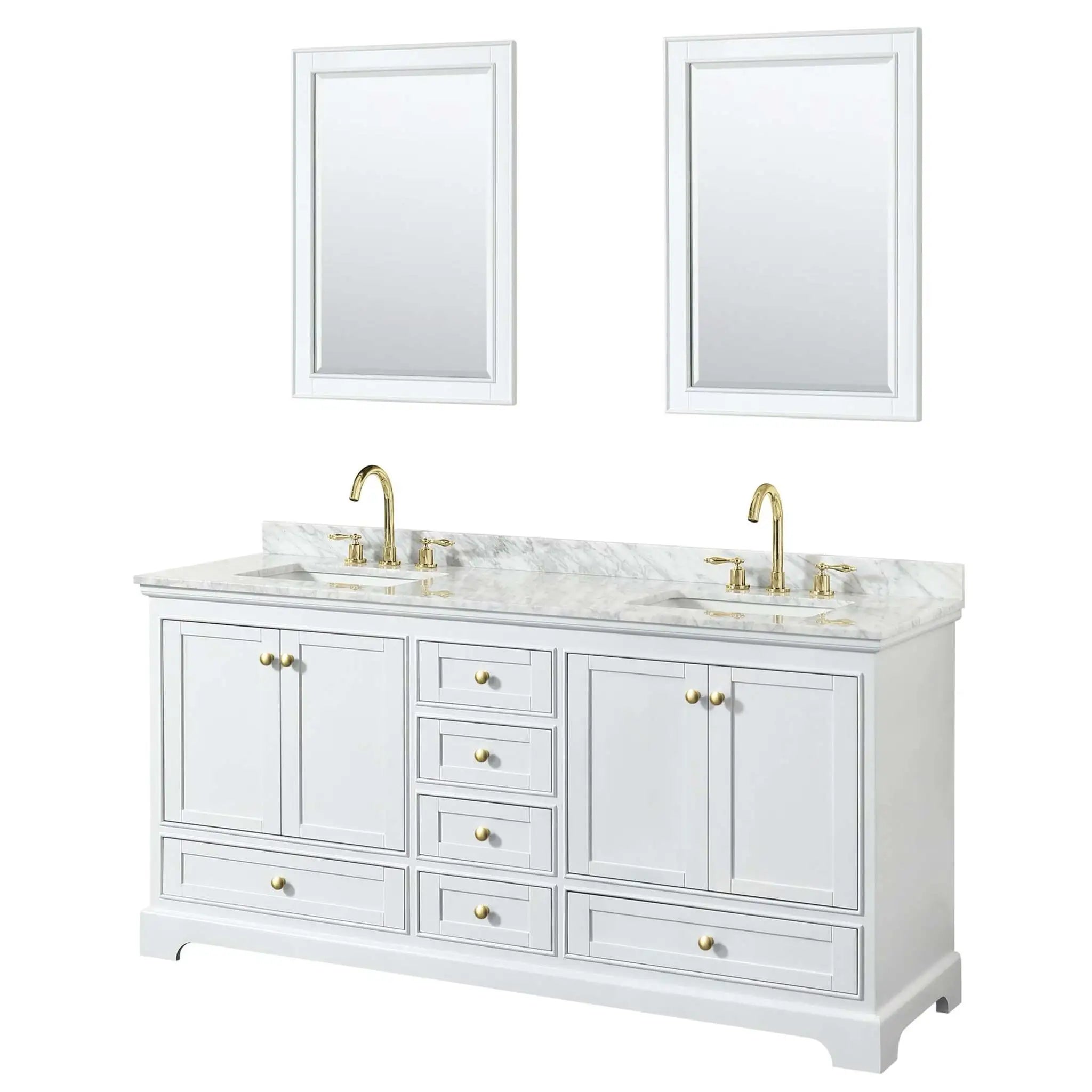 72" Deborah Double Bathroom Vanity in White with Brushed Gold Trim & 24" Mirror by Wyndham